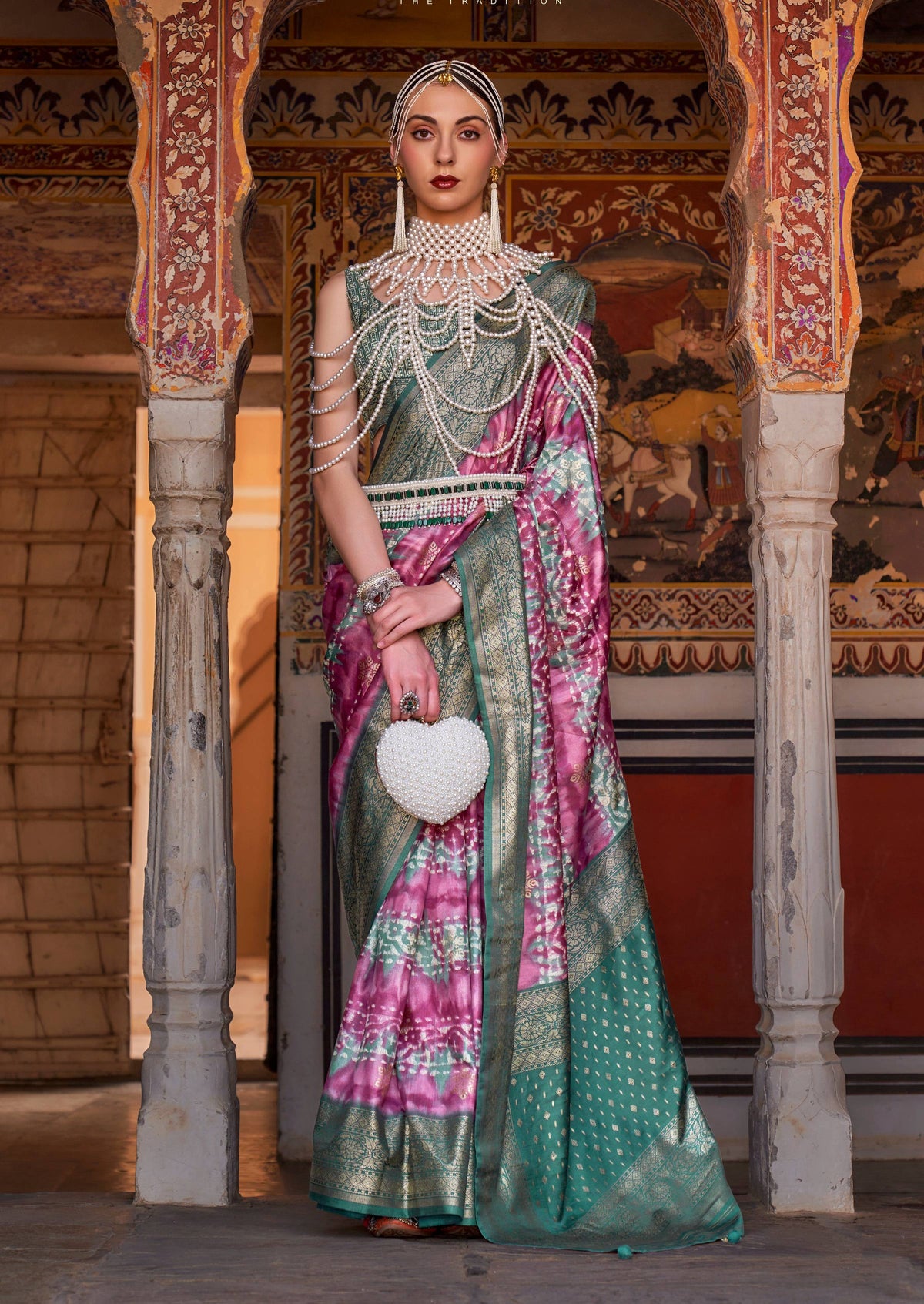 Monjolika Fashion Pink And Green Color Silk Ajarak Design Traditional Saree | Grocsy