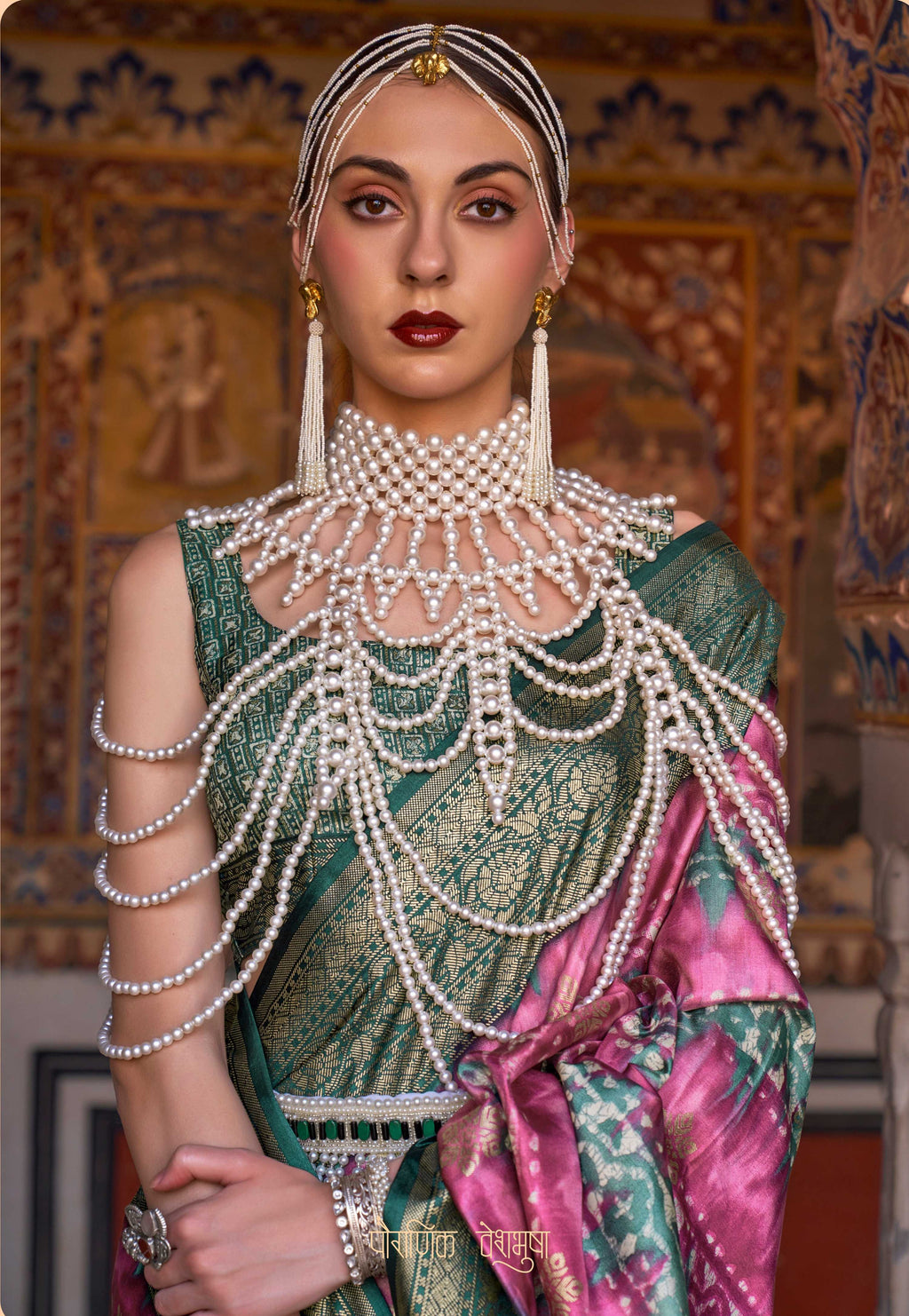 Monjolika Fashion Pink And Green Color Silk Ajarak Design Traditional Saree | Grocsy