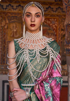 Monjolika Fashion Pink And Green Color Silk Ajarak Design Traditional Saree | Grocsy