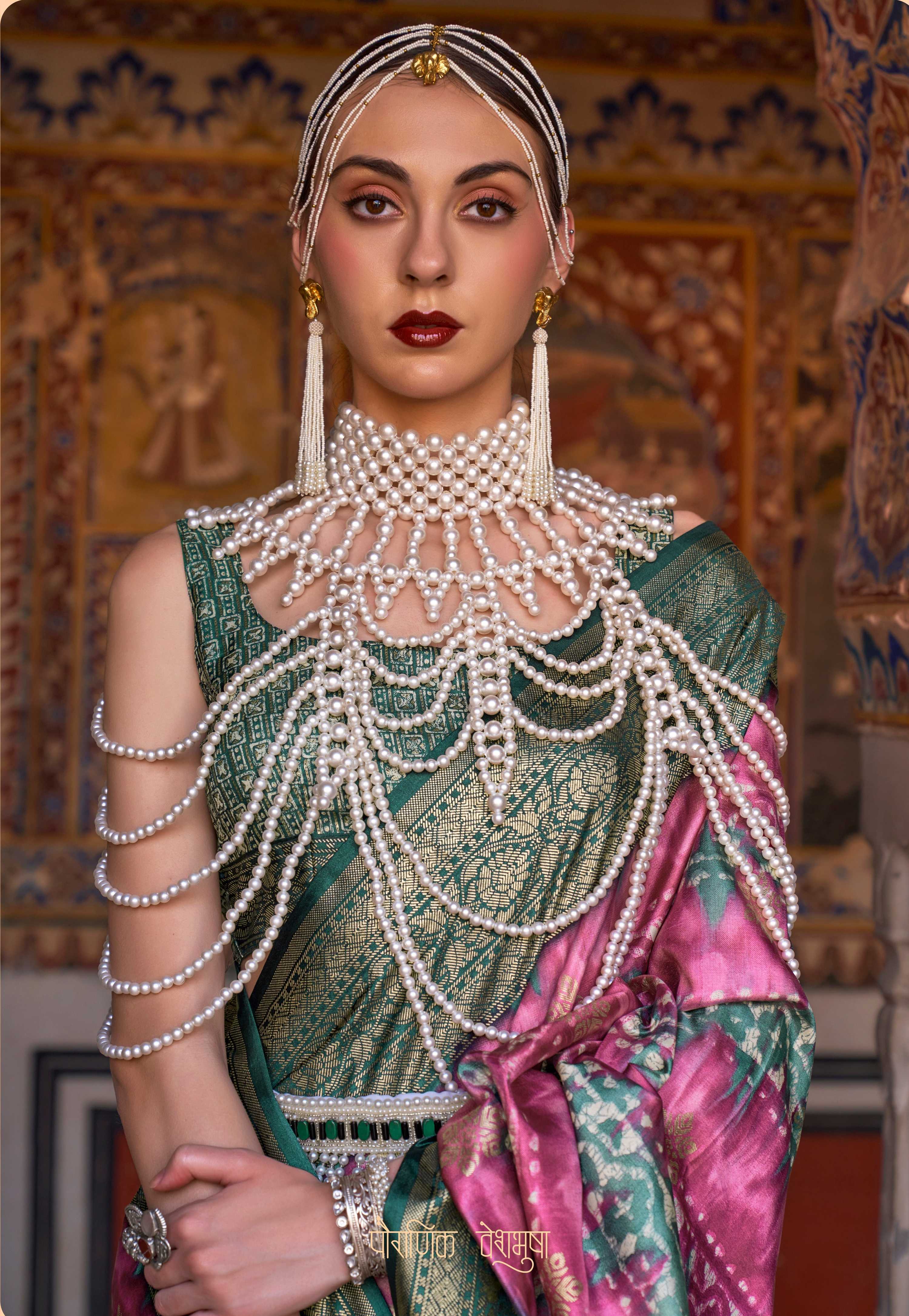 Monjolika Fashion Pink And Green Color Silk Ajarak Design Traditional Saree | Grocsy