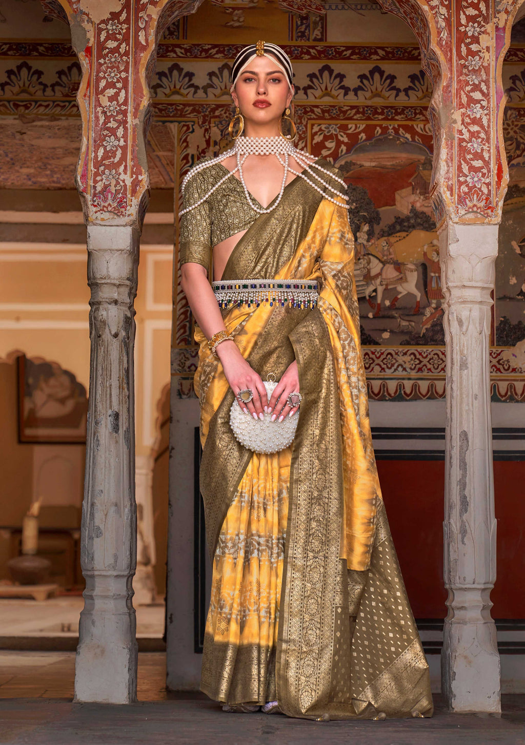 Monjolika Fashion Yellow Color Silk Ajarak Design Traditional Saree | Grocsy