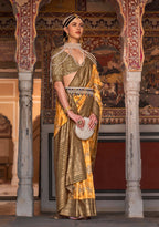 Monjolika Fashion Yellow Color Silk Ajarak Design Traditional Saree | Grocsy