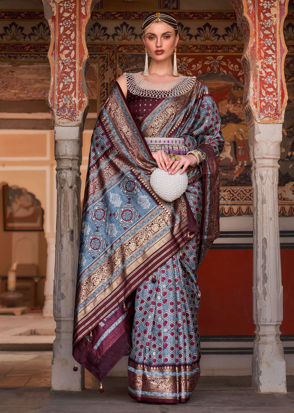 Monjolika Fashion Cobalt Blue Color Silk Ajarak Design Traditional Saree | Grocsy