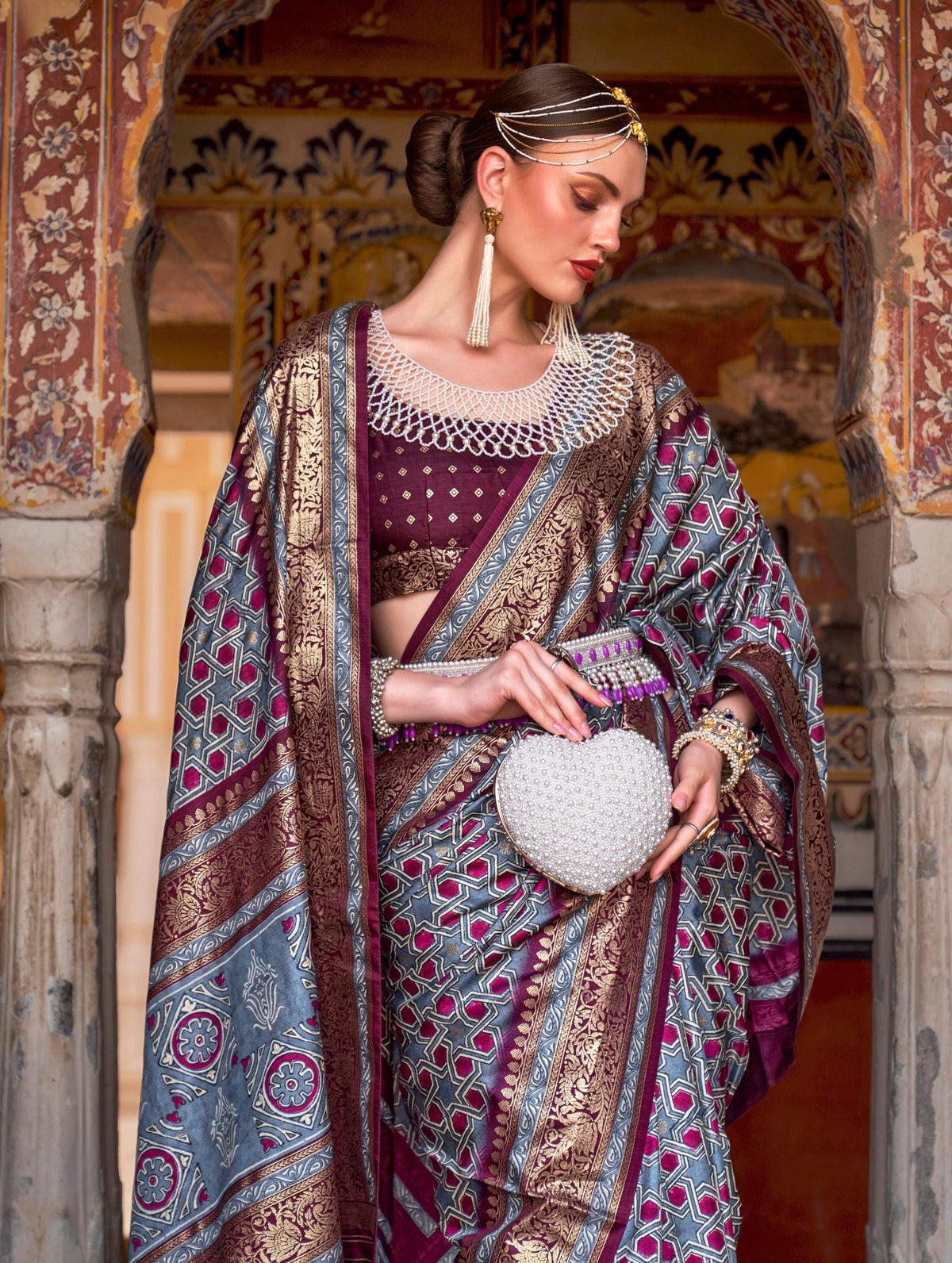 Monjolika Fashion Cobalt Blue Color Silk Ajarak Design Traditional Saree | Grocsy