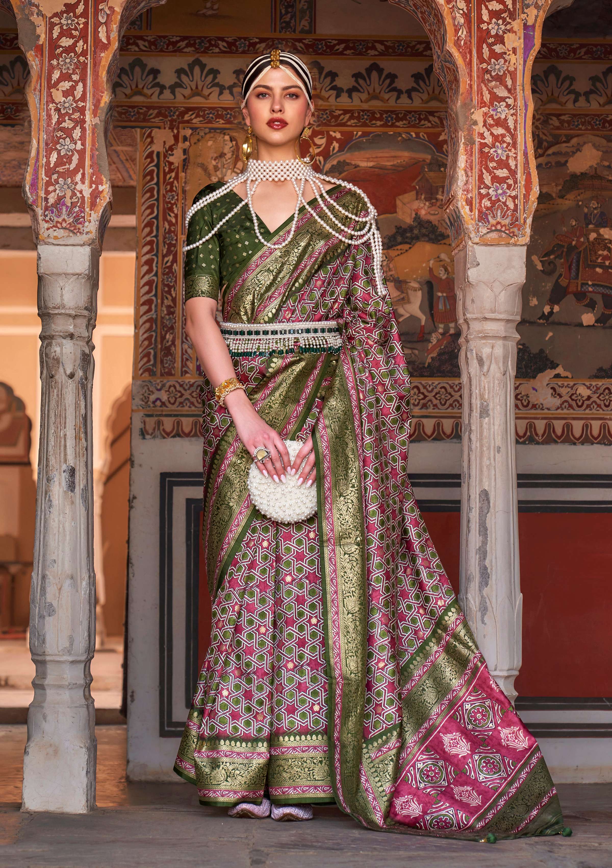 Monjolika Fashion Multicolor Silk Ajarak Design Traditional Saree | Grocsy