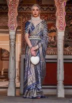 Monjolika Fashion Blue Color Silk Ajarak Design Traditional Saree | Grocsy