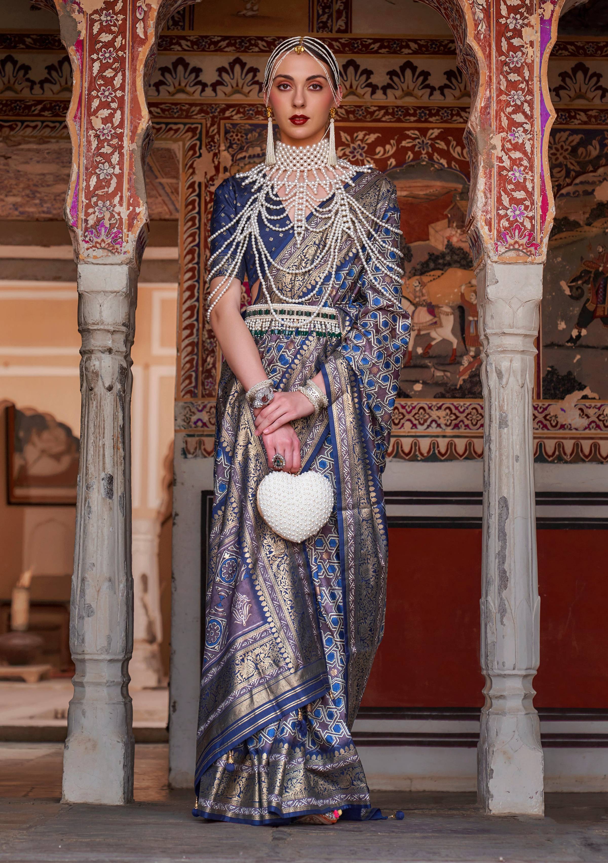 Monjolika Fashion Blue Color Silk Ajarak Design Traditional Saree | Grocsy