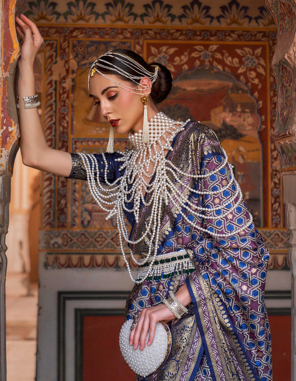 Monjolika Fashion Blue Color Silk Ajarak Design Traditional Saree | Grocsy