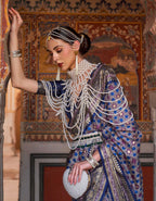 Monjolika Fashion Blue Color Silk Ajarak Design Traditional Saree | Grocsy