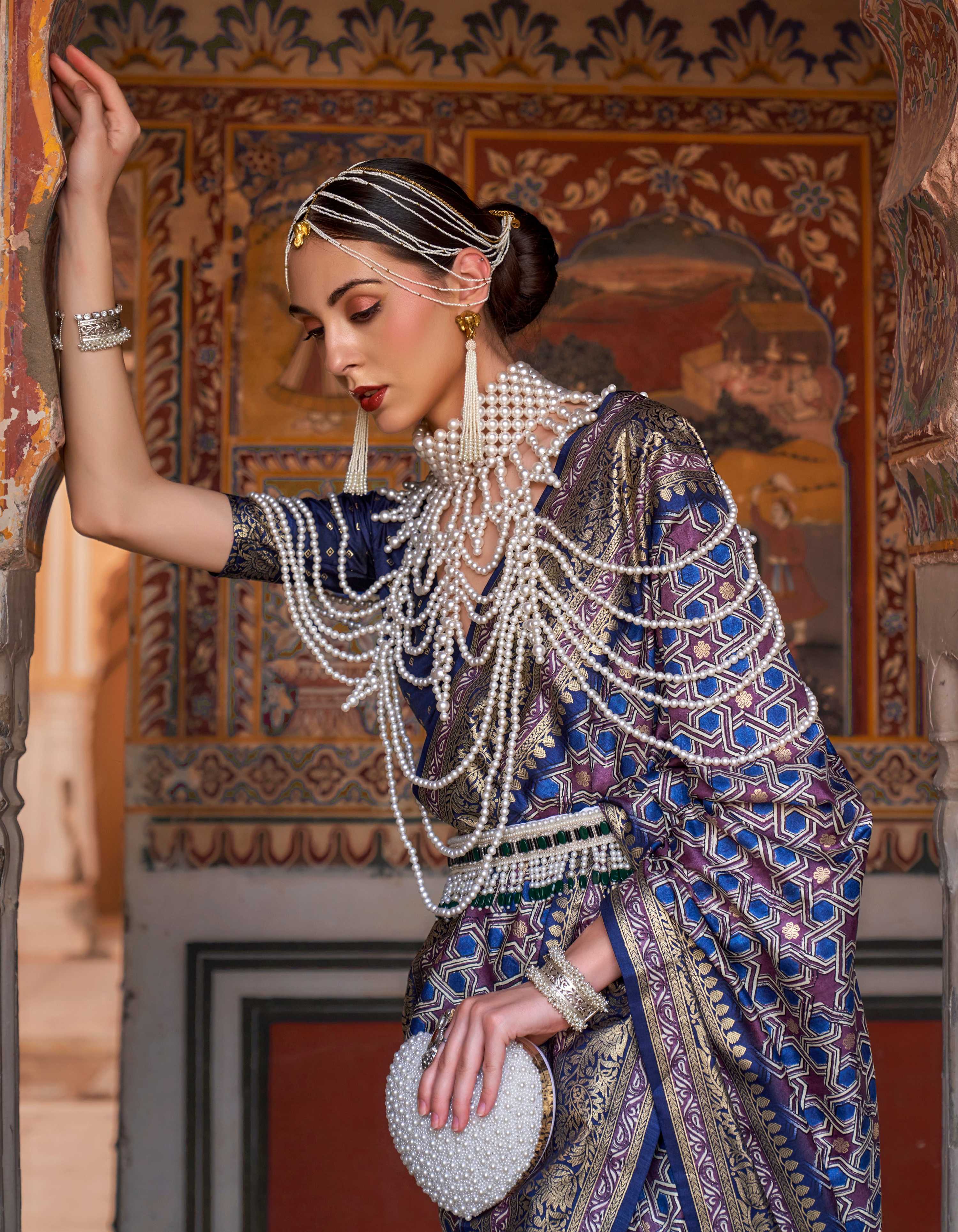 Monjolika Fashion Blue Color Silk Ajarak Design Traditional Saree | Grocsy