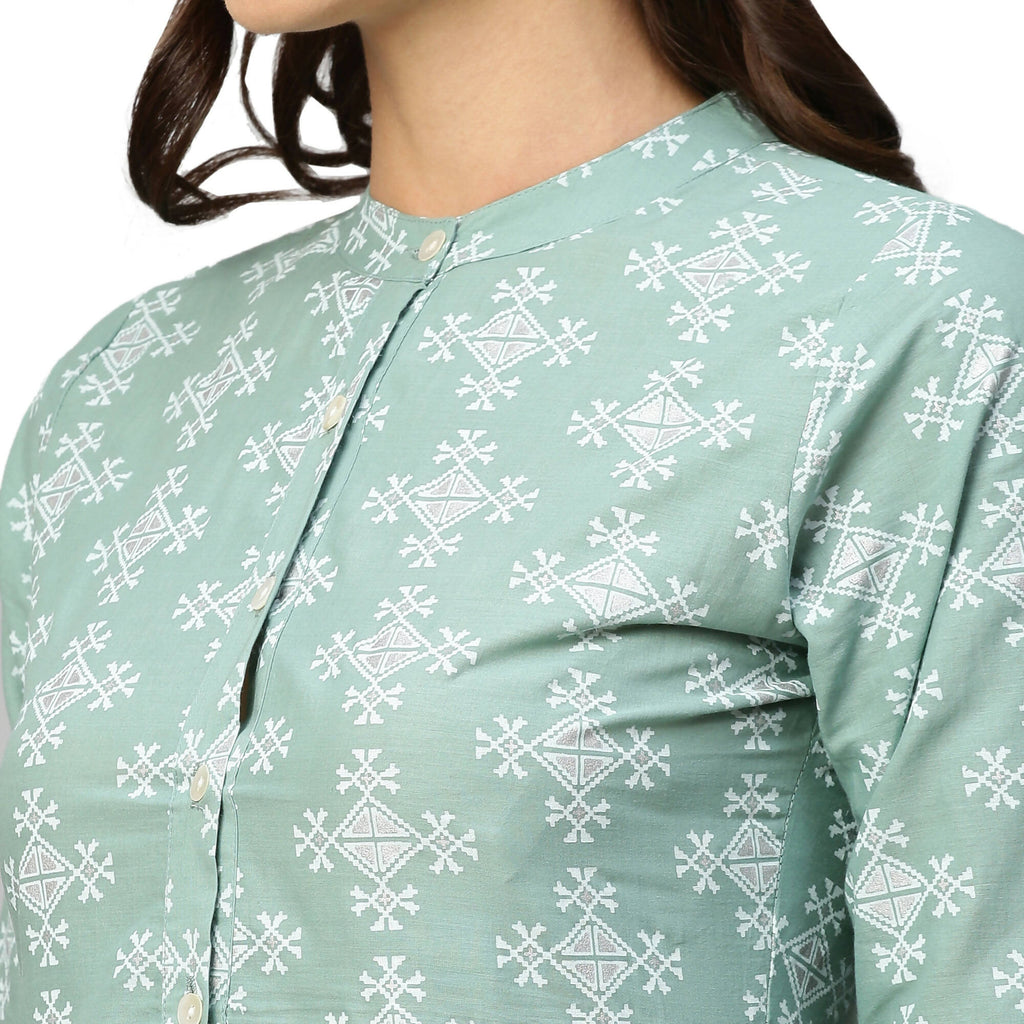 Green & Off-White Ethnic Motifs Printed Cotton A-Line Dress - Poonam | Grocsy