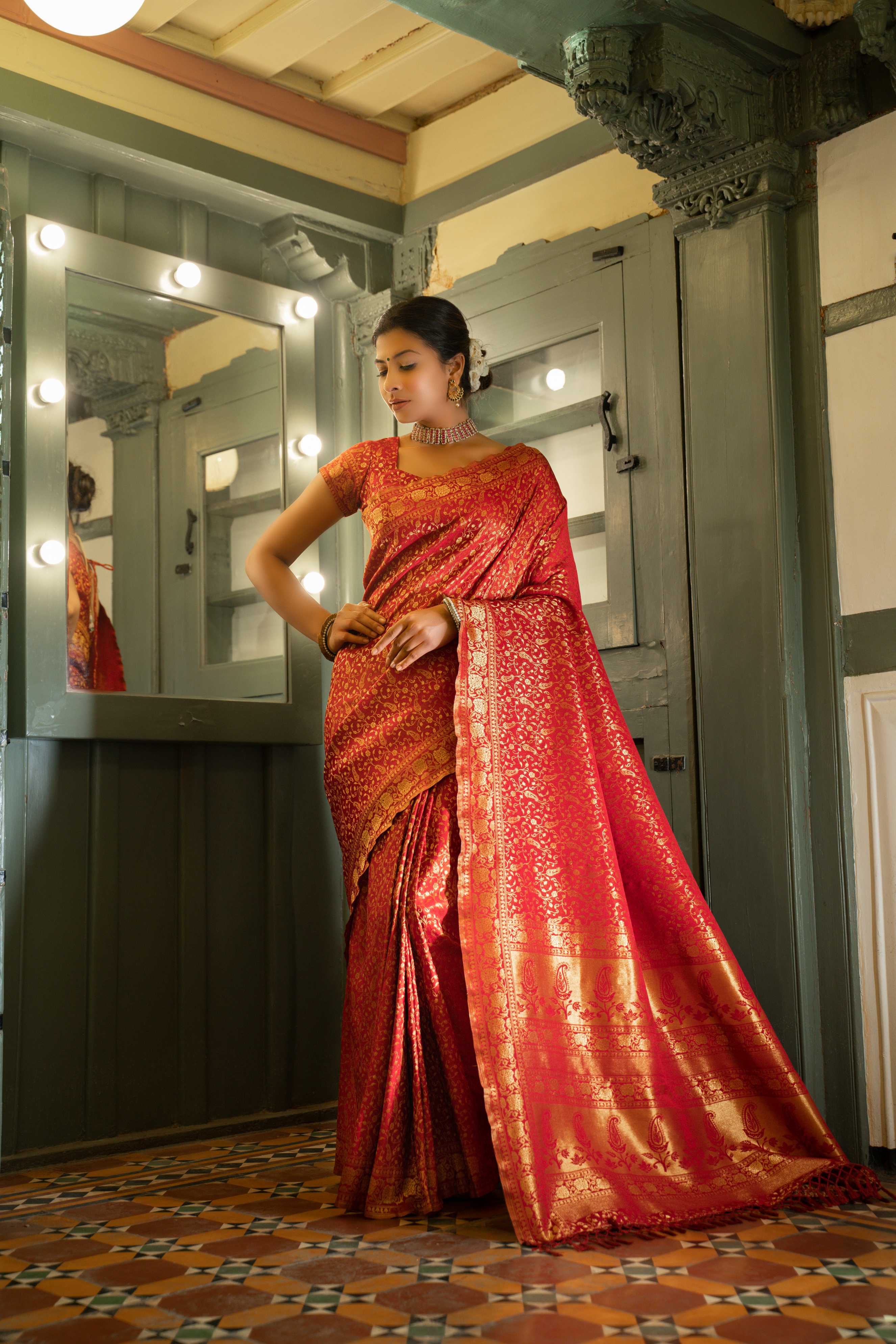 Vardha Maroon Red Golden Zari Banarasi Satin Silk Saree | Grocsy