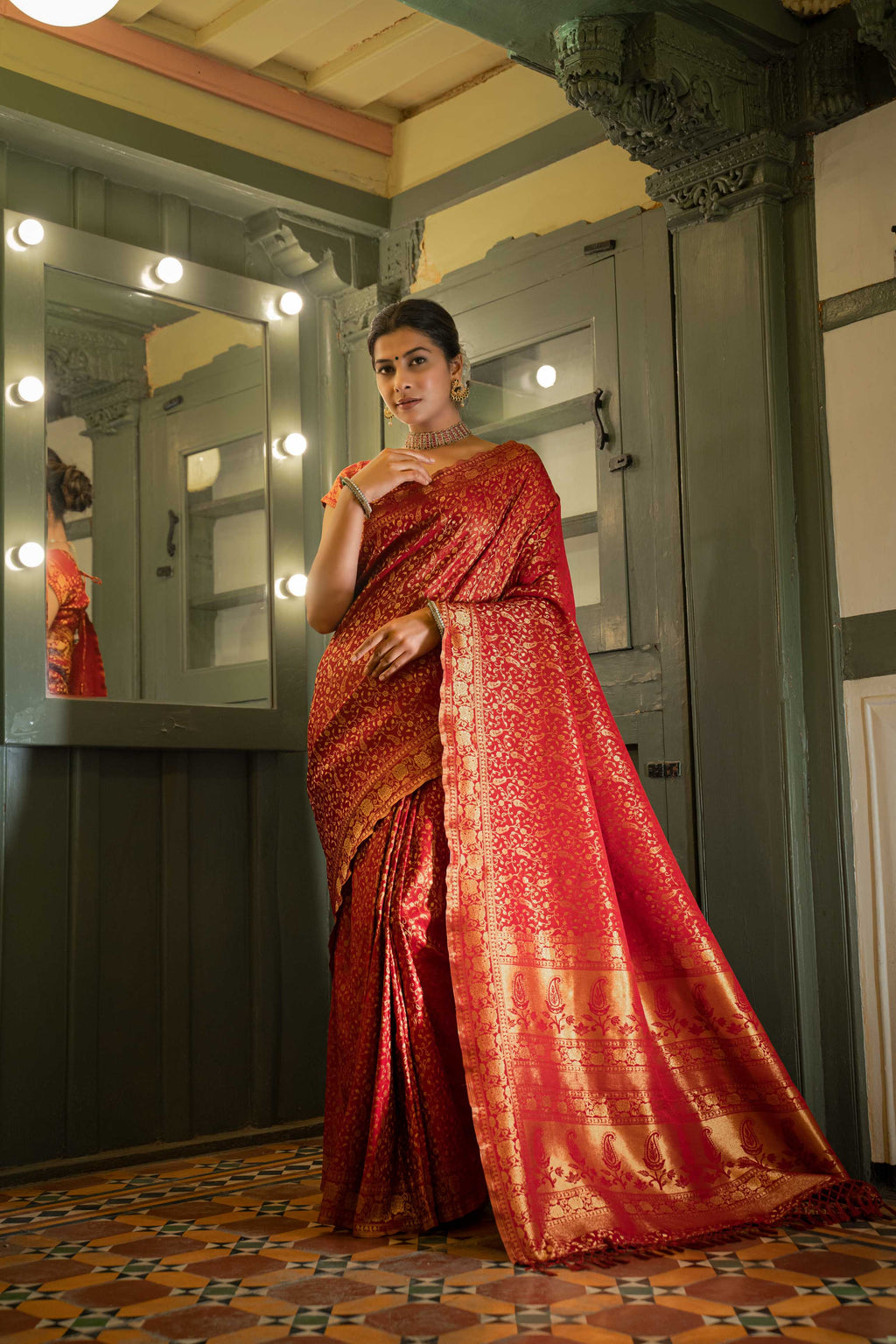 Vardha Maroon Red Golden Zari Banarasi Satin Silk Saree | Grocsy