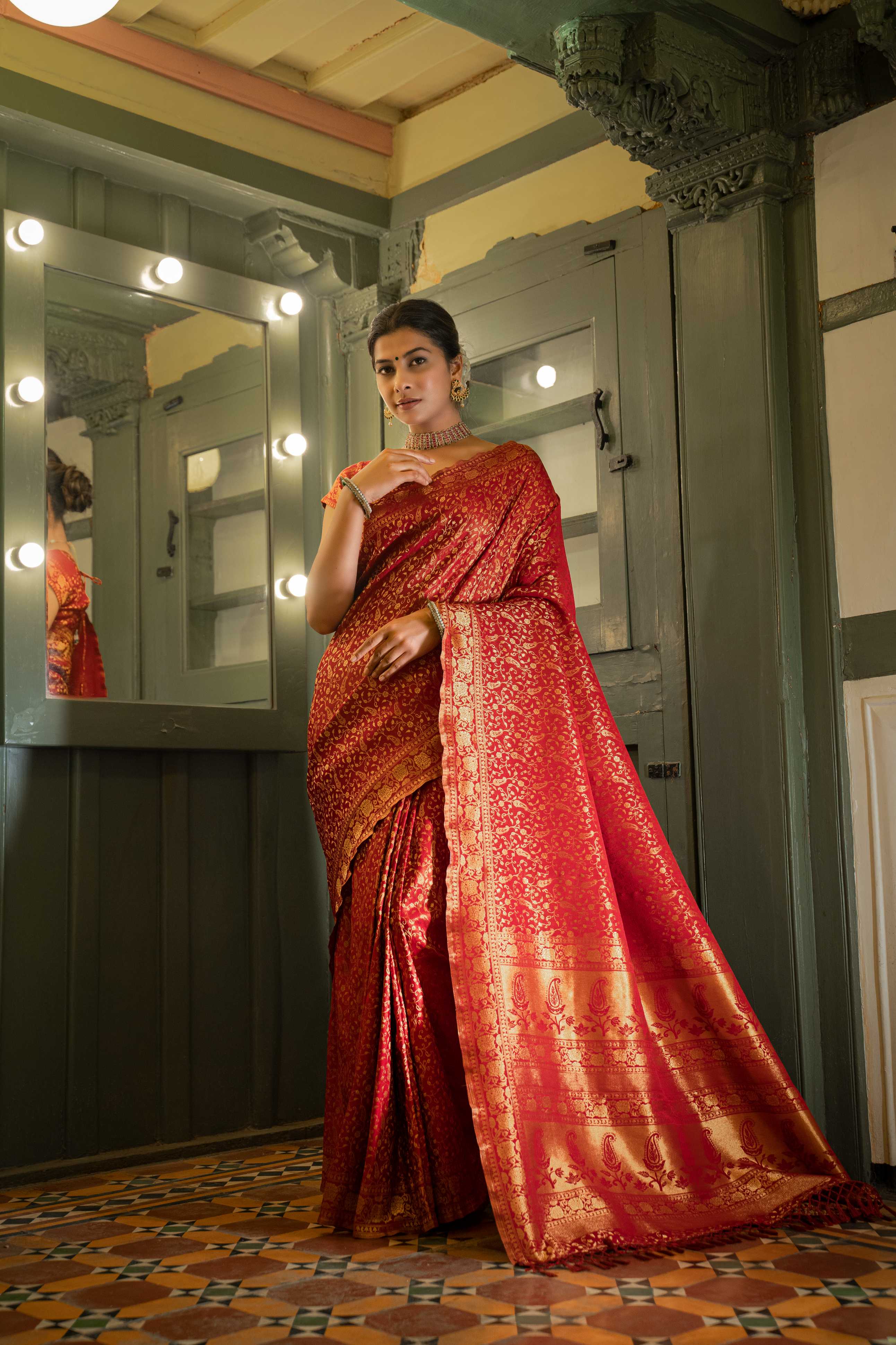 Vardha Maroon Red Golden Zari Banarasi Satin Silk Saree | Grocsy