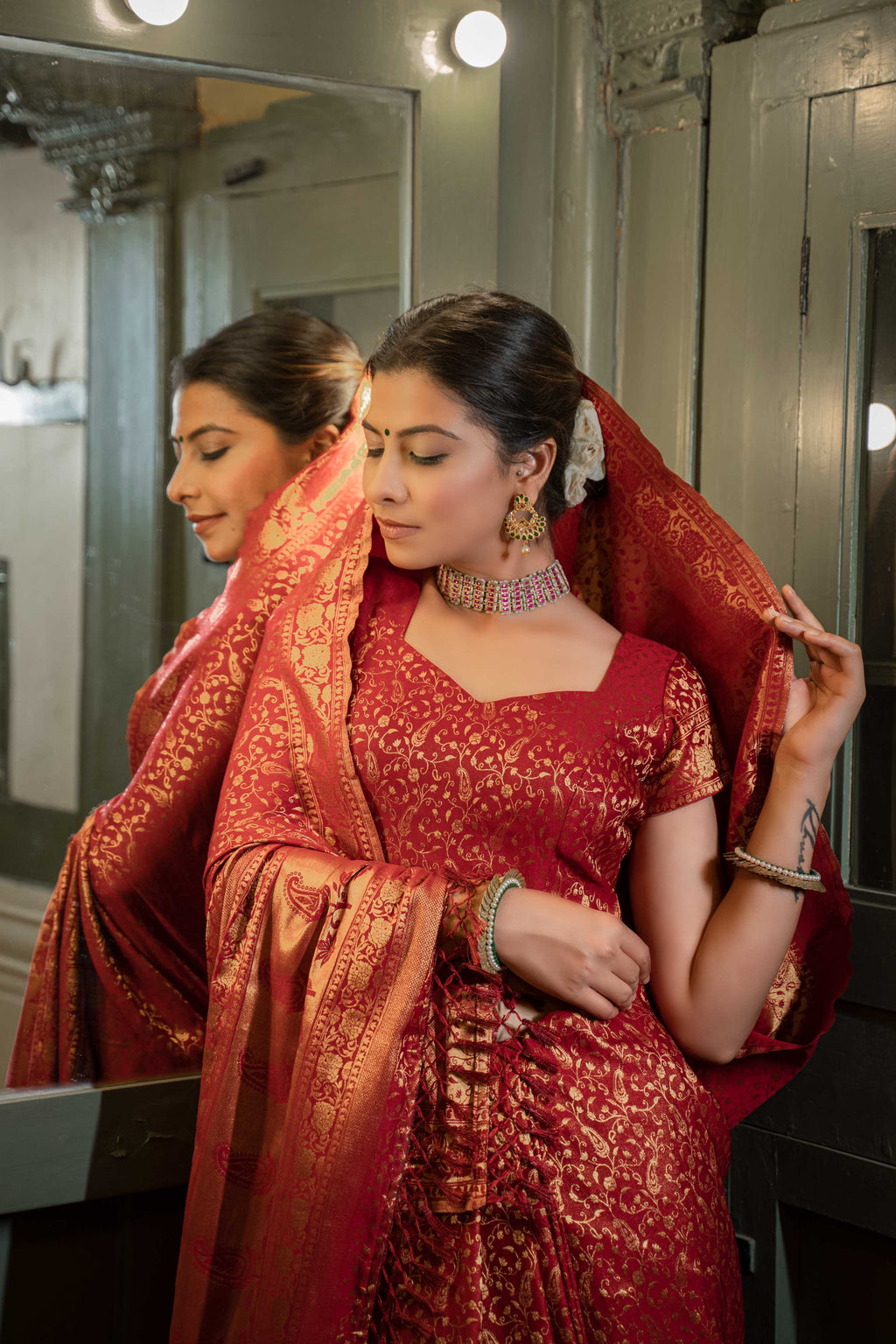 Vardha Maroon Red Golden Zari Banarasi Satin Silk Saree | Grocsy