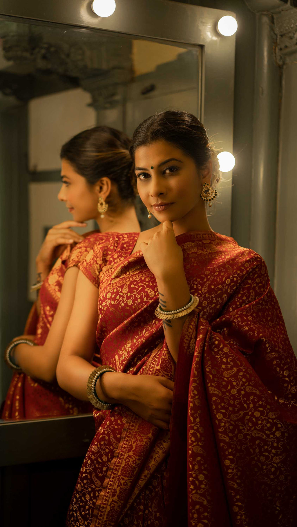 Vardha Maroon Red Golden Zari Banarasi Satin Silk Saree | Grocsy