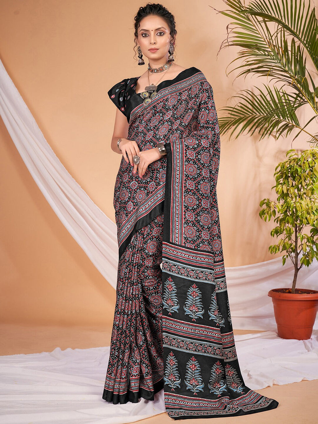 Saree Mall Ajrakh Silk Blend Block Print Sarees | Grocsy