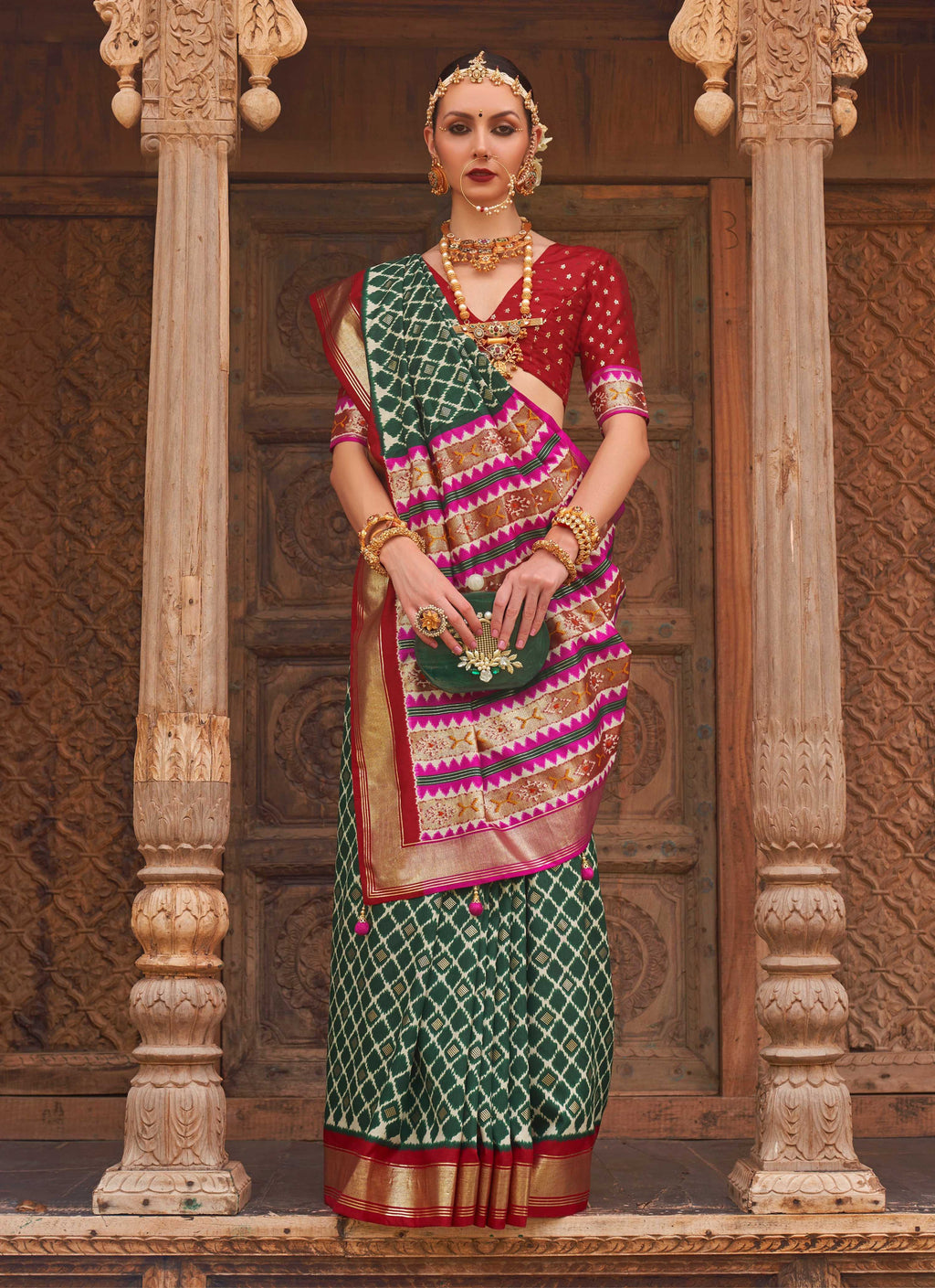 Monjolika Fashion Dark Green Color Patola Silk Weaving Work Saree With Blouse | Grocsy