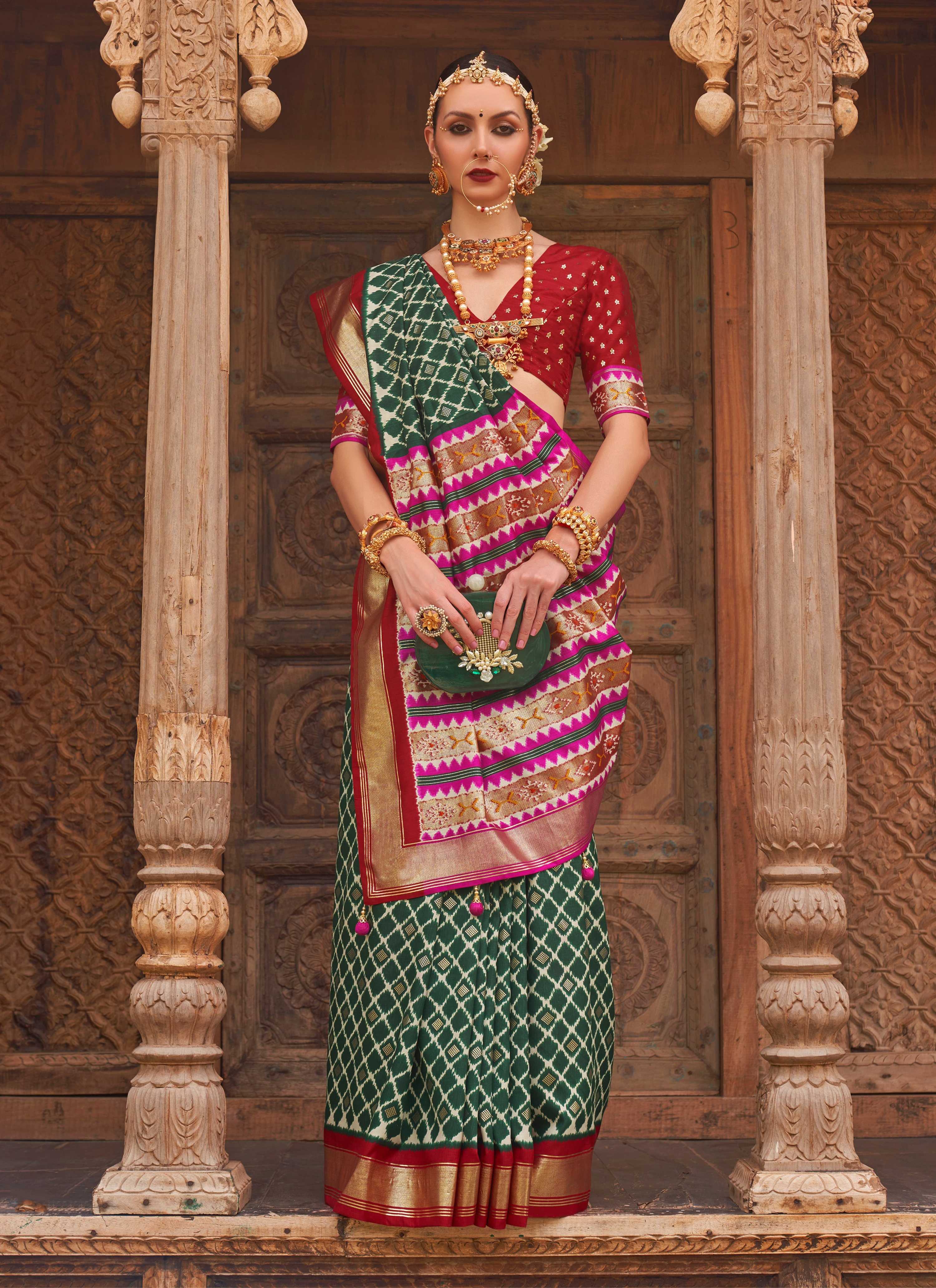 Monjolika Fashion Dark Green Color Patola Silk Weaving Work Saree With Blouse | Grocsy