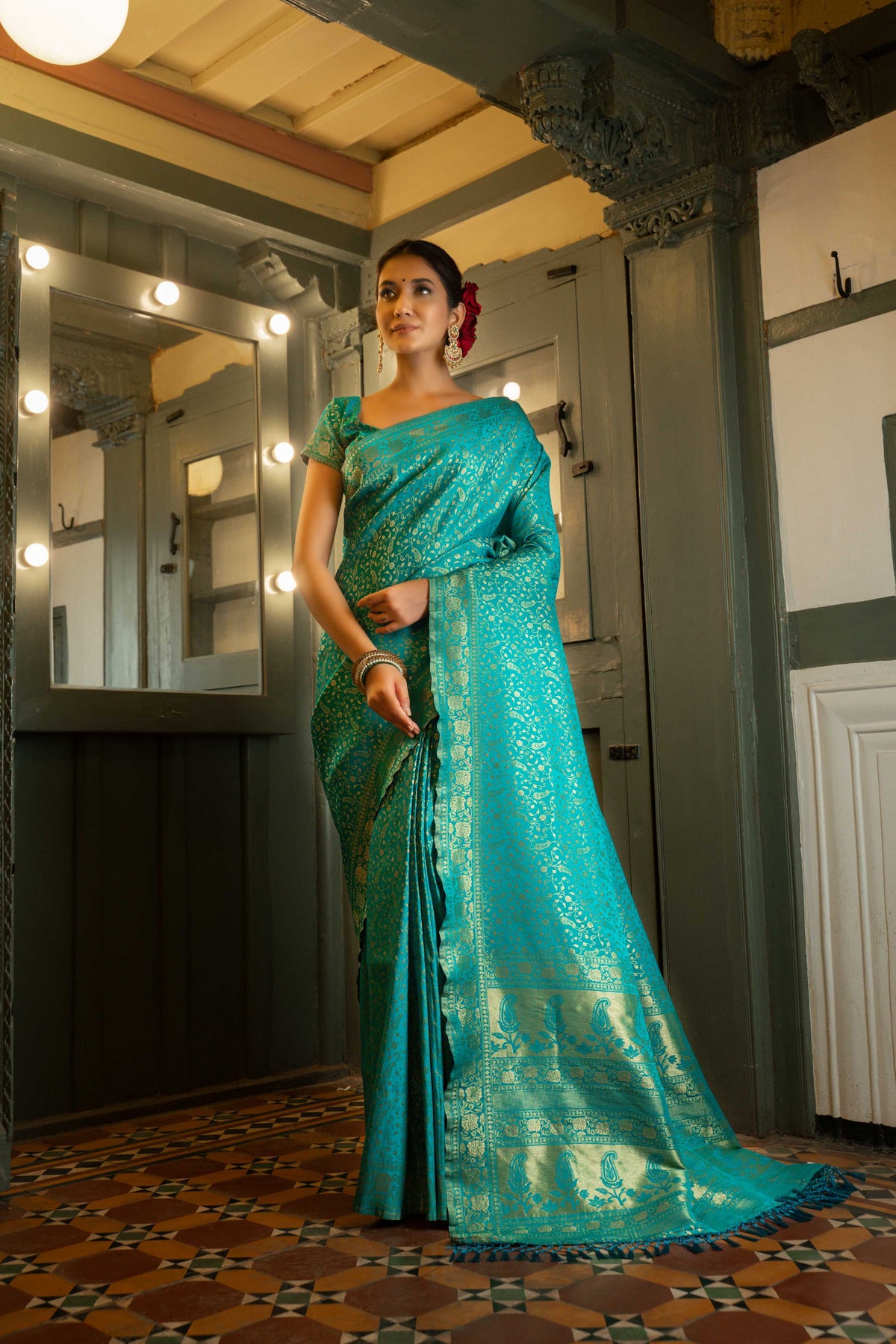 Vardha Beautiful Turquoise Blue Golden Zari Banarasi Satin Silk Saree | Grocsy