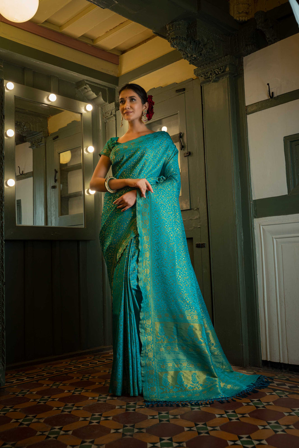 Vardha Beautiful Turquoise Blue Golden Zari Banarasi Satin Silk Saree | Grocsy