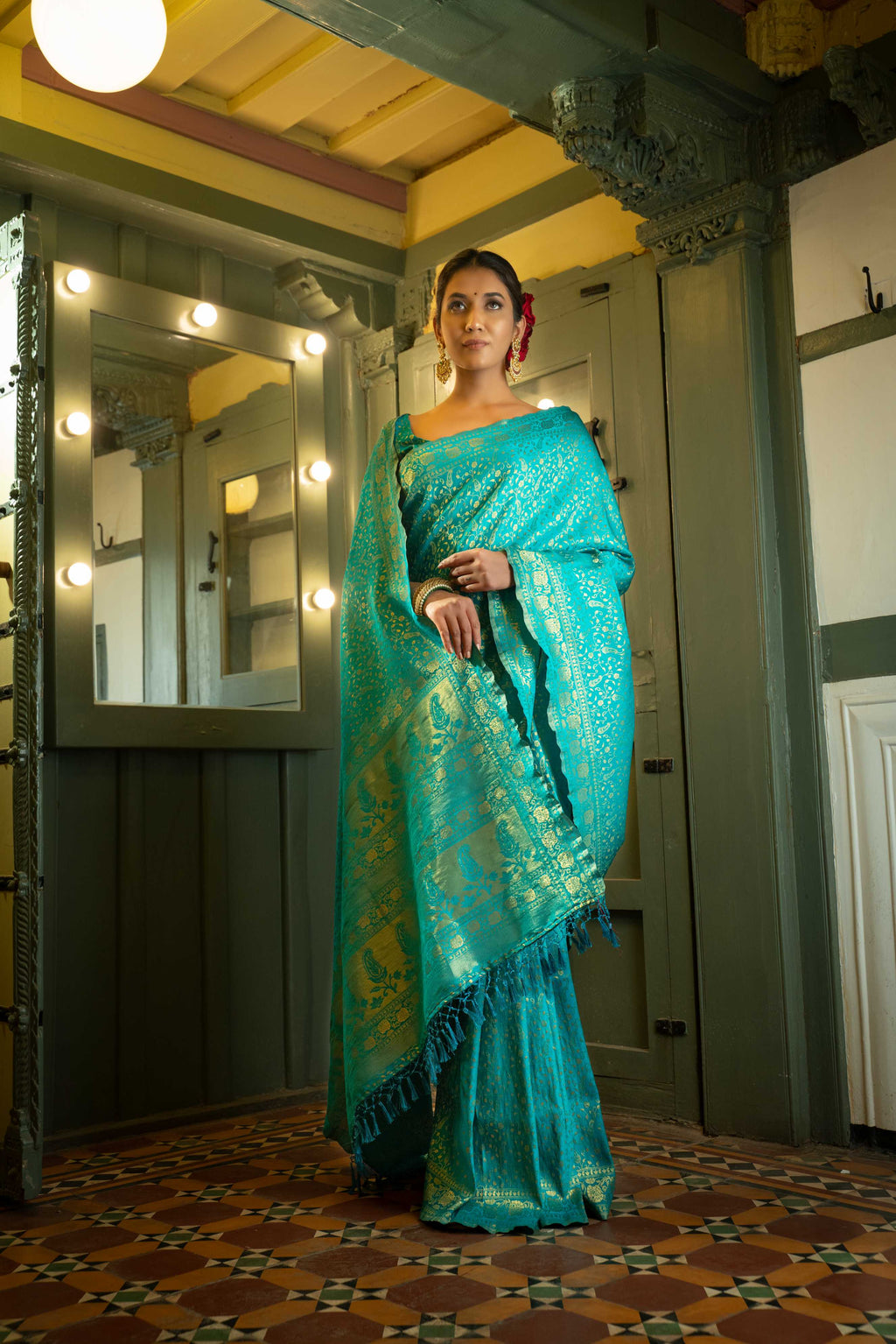 Vardha Beautiful Turquoise Blue Golden Zari Banarasi Satin Silk Saree | Grocsy