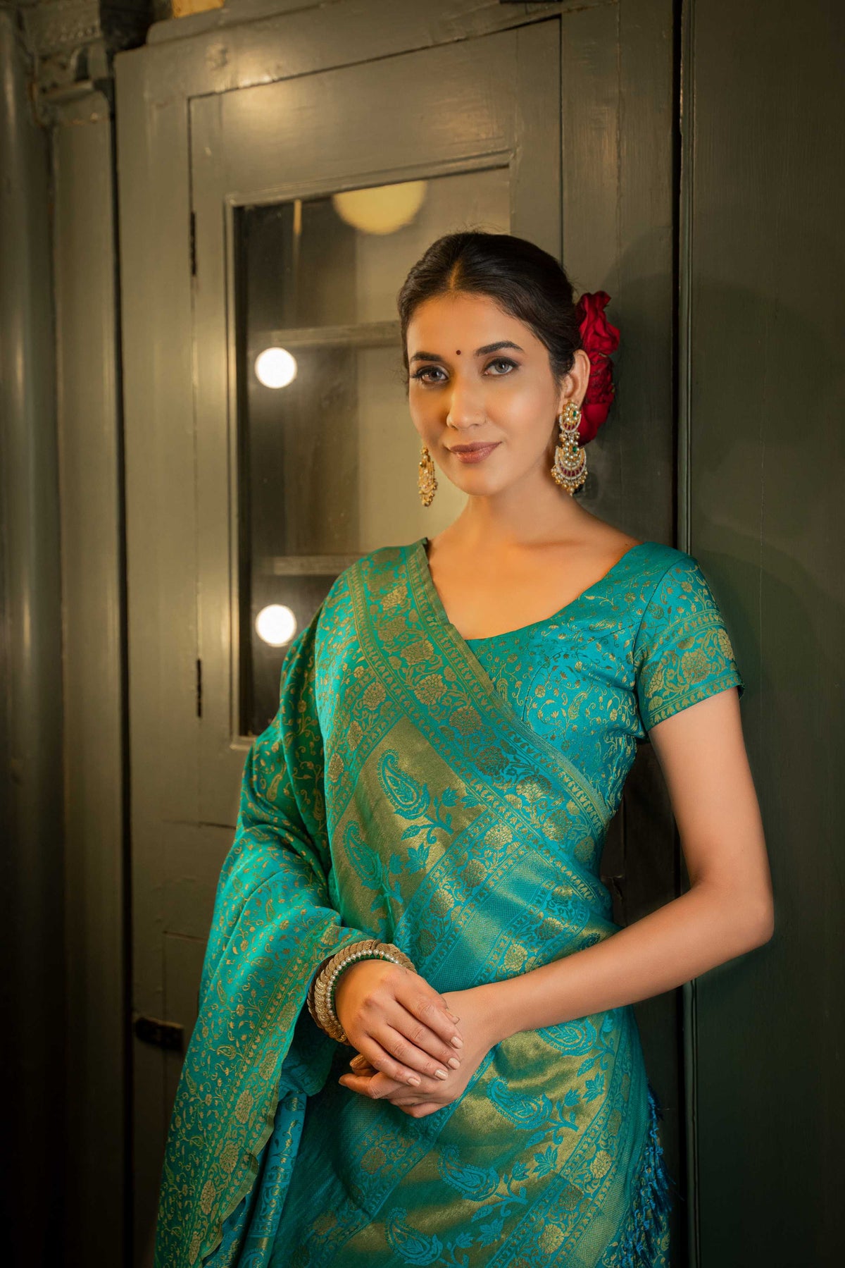 Vardha Beautiful Turquoise Blue Golden Zari Banarasi Satin Silk Saree | Grocsy