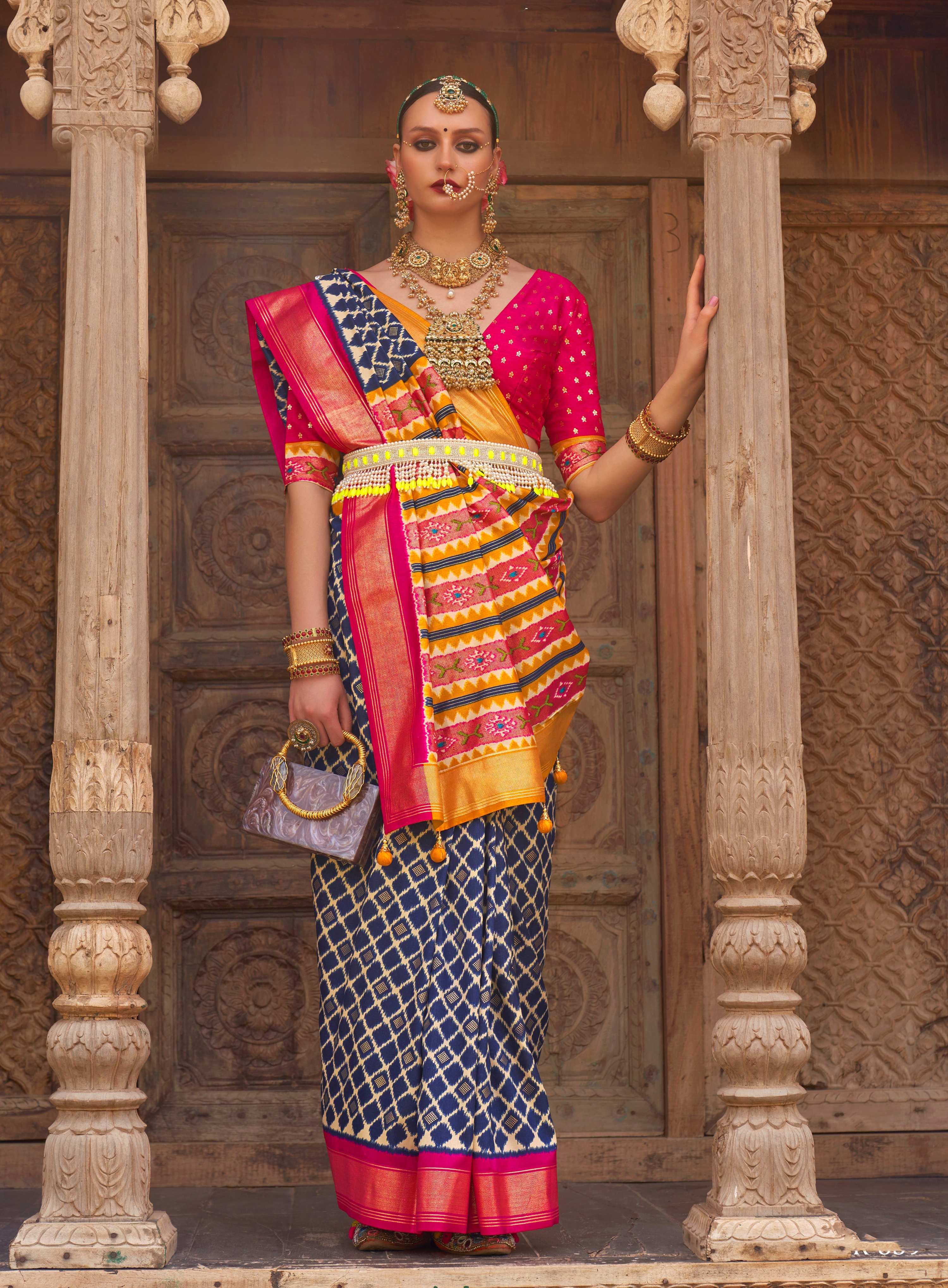 Monjolika Fashion Navy Blue Color Patola Silk Weaving Work Saree With Blouse | Grocsy