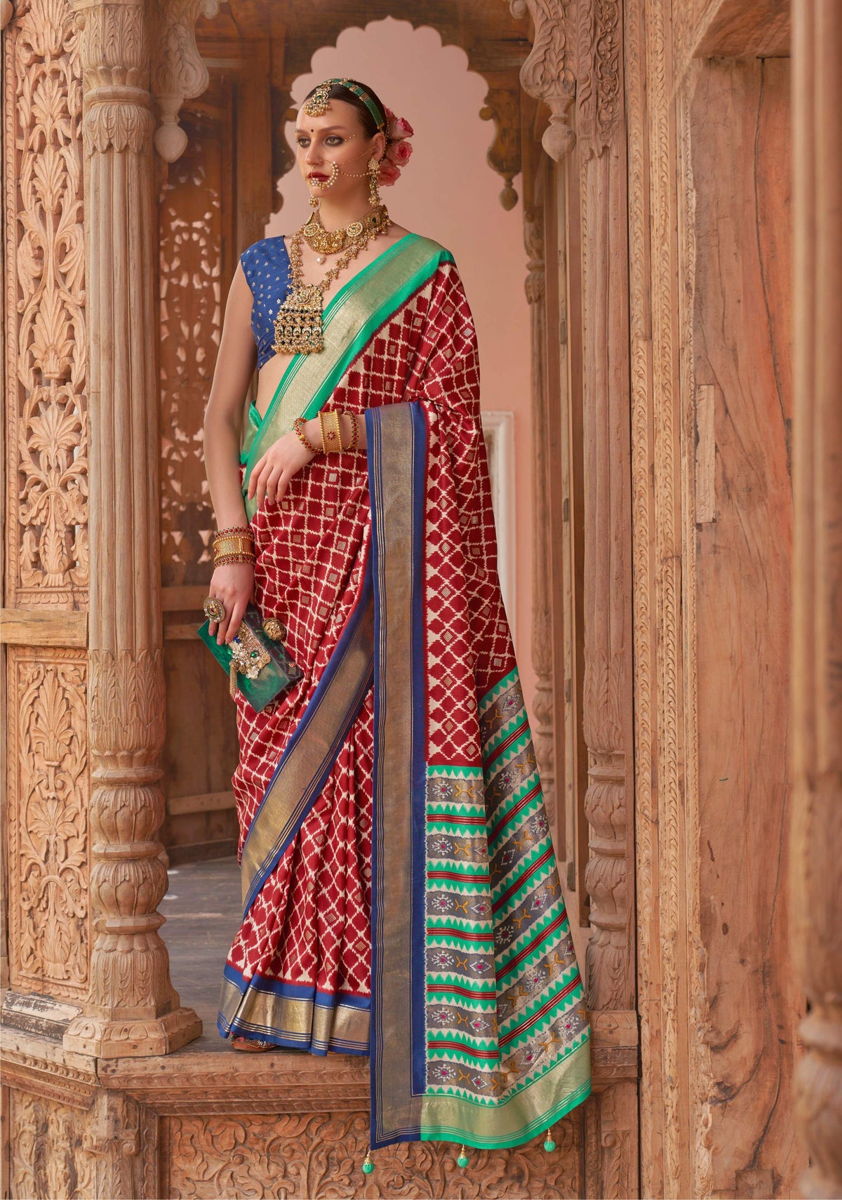 Monjolika Fashion Red Color Patola Silk Weaving Work Saree With Blouse | Grocsy