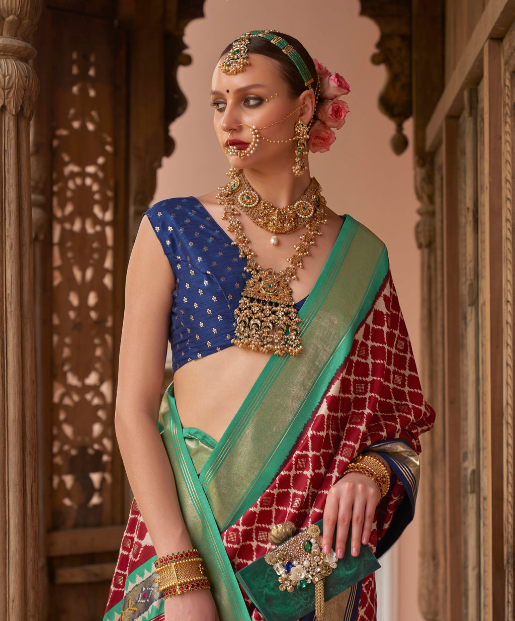 Monjolika Fashion Red Color Patola Silk Weaving Work Saree With Blouse | Grocsy