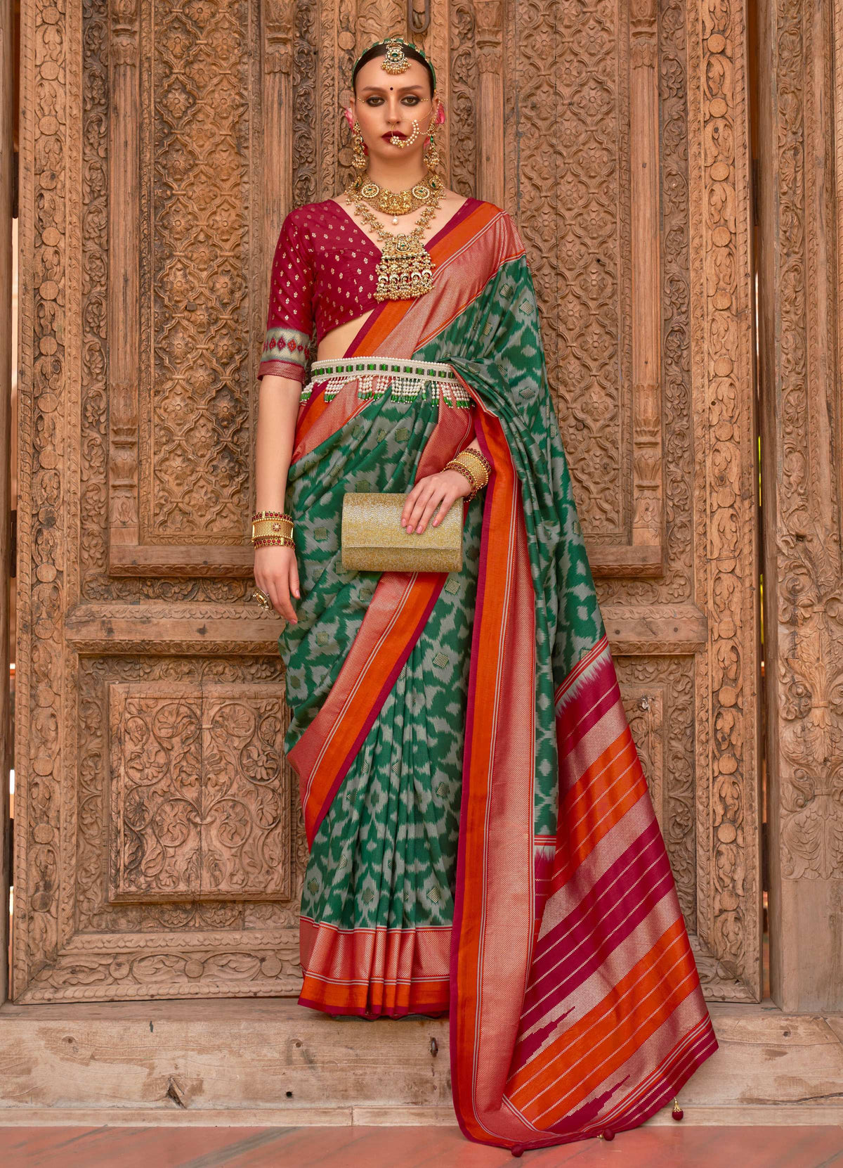 Monjolika Fashion Dark Green Color Patola Silk Weaving Work Saree With Blouse | Grocsy