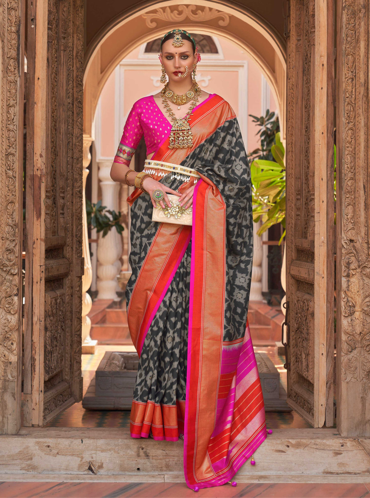 Monjolika Fashion Dark Grey Color Patola Silk Weaving Work Saree With Blouse | Grocsy