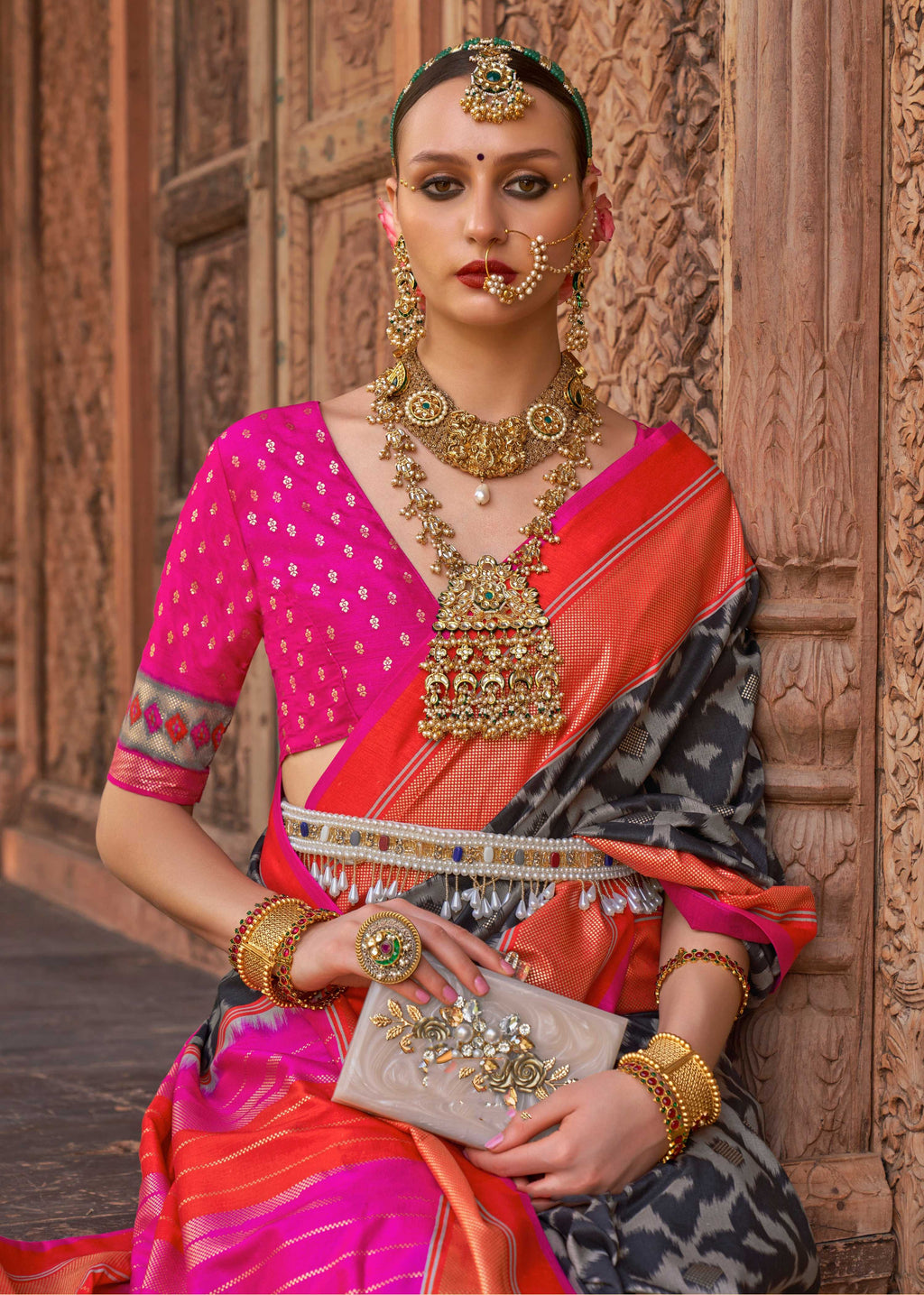 Monjolika Fashion Dark Grey Color Patola Silk Weaving Work Saree With Blouse | Grocsy