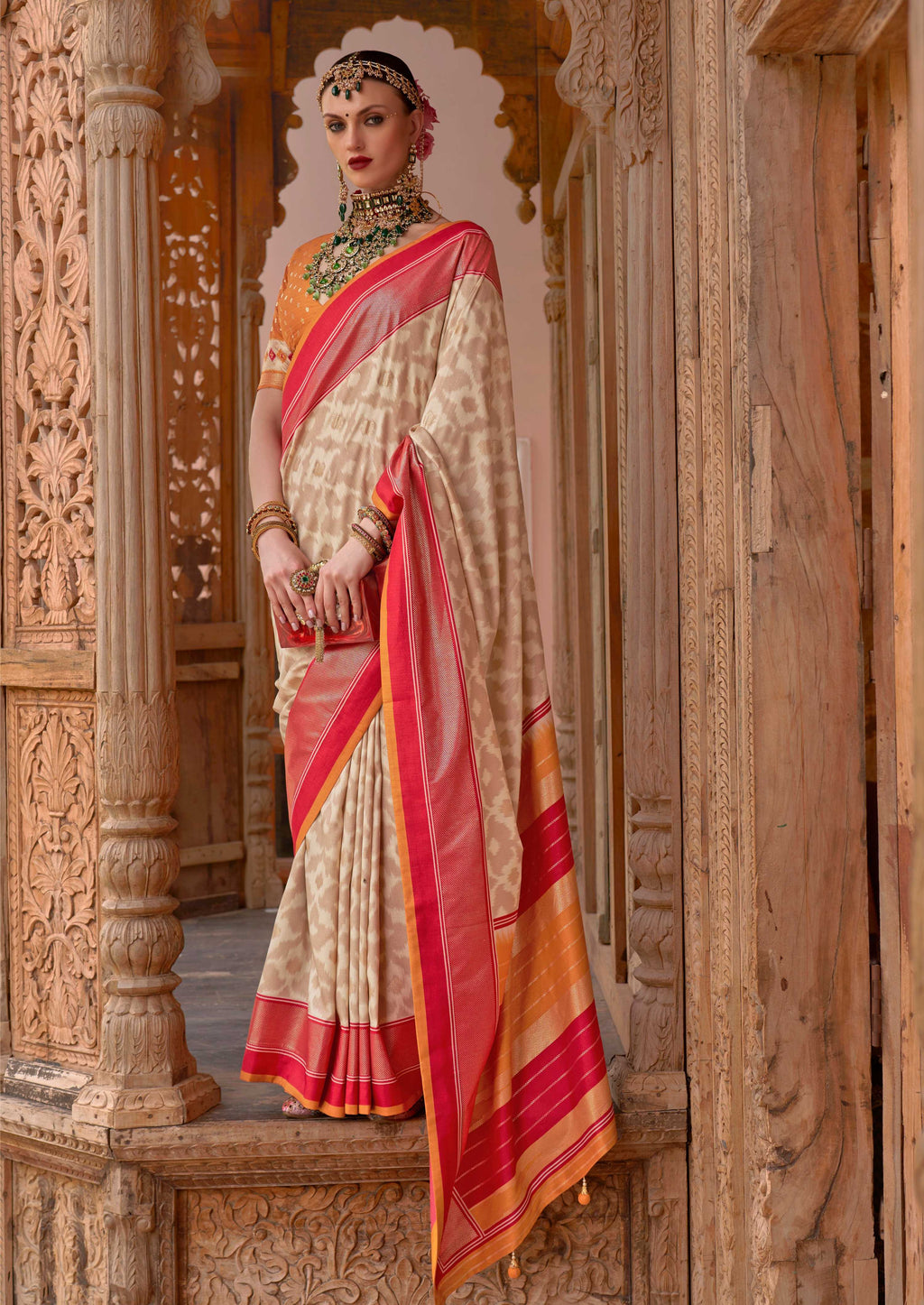Monjolika Fashion Cream Color Patola Silk Weaving Work Saree With Blouse | Grocsy