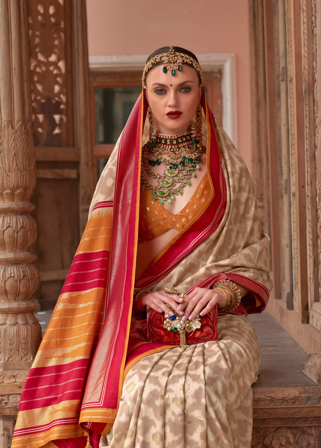 Monjolika Fashion Cream Color Patola Silk Weaving Work Saree With Blouse | Grocsy