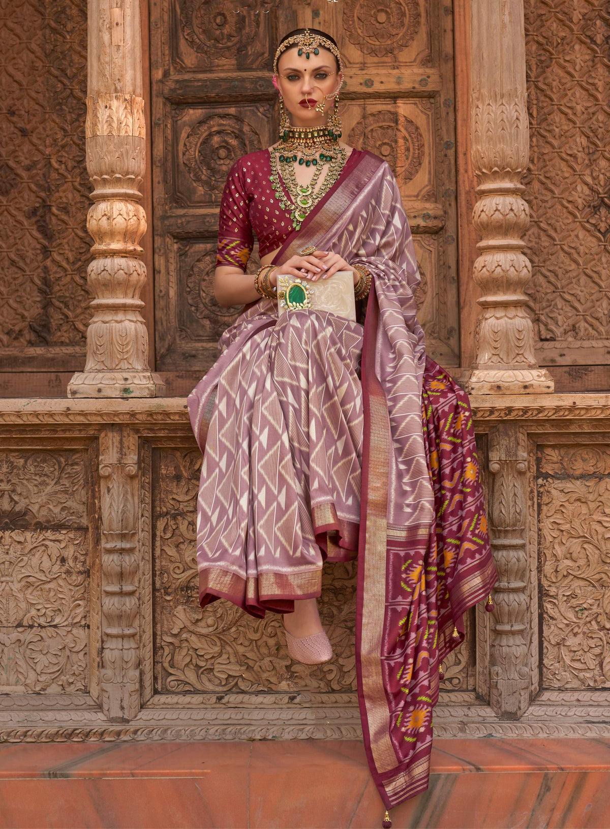Monjolika Fashion Light Mauve Color Patola Silk Weaving Work Saree With Blouse | Grocsy
