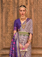Monjolika Fashion Light Grey Color Patola Silk Weaving Work Saree With Blouse | Grocsy