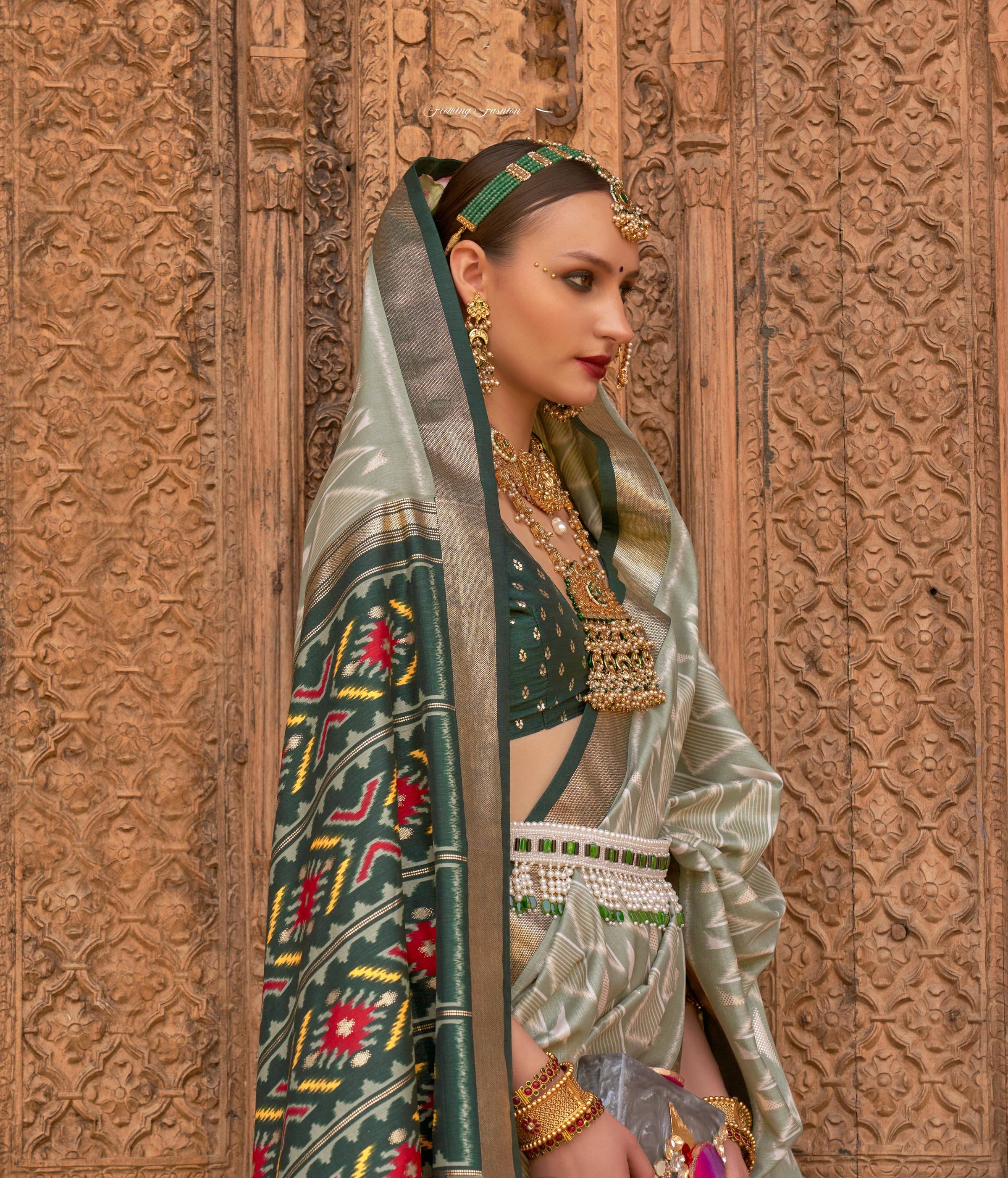 Monjolika Fashion Light Green Color Patola Silk Weaving Work Saree With Blouse | Grocsy