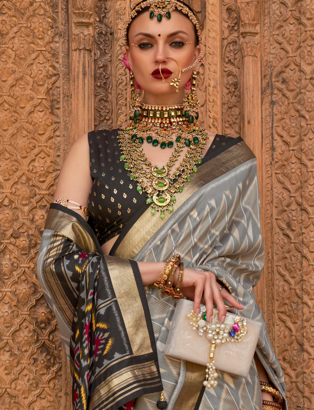 Monjolika Fashion Light Grey Color Patola Silk Weaving Work Saree With Blouse | Grocsy
