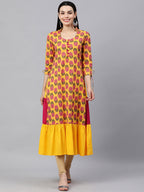 HERE&NOW Women Yellow & Pink Ethnic Motifs Pure Cotton Printed Kurta | Grocsy