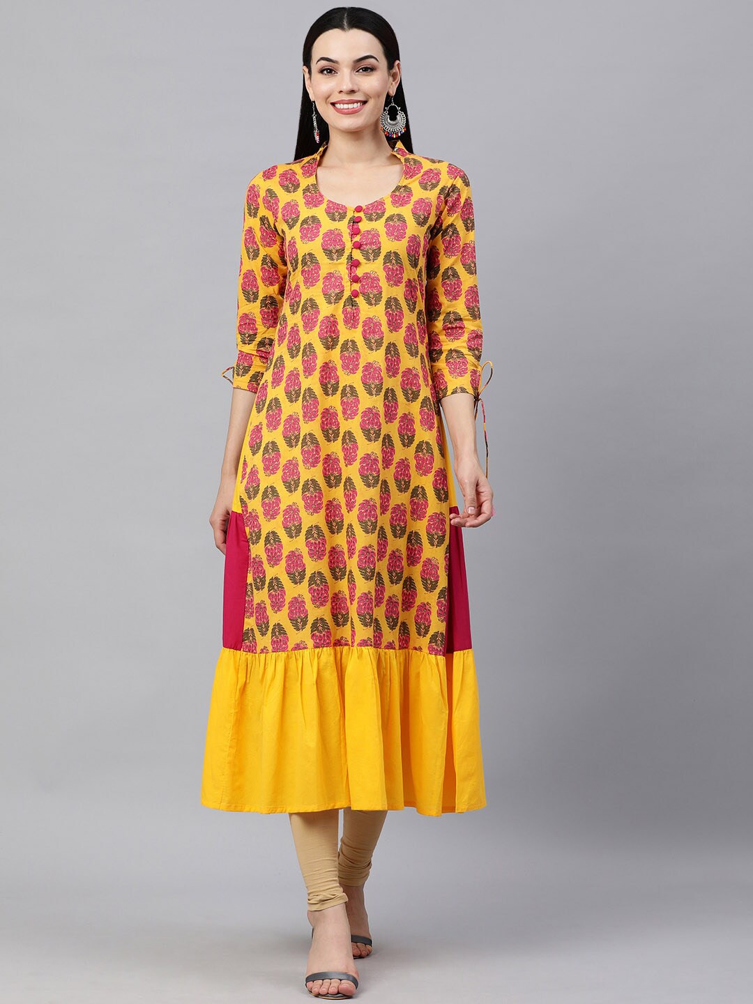HERE&NOW Women Yellow & Pink Ethnic Motifs Pure Cotton Printed Kurta | Grocsy