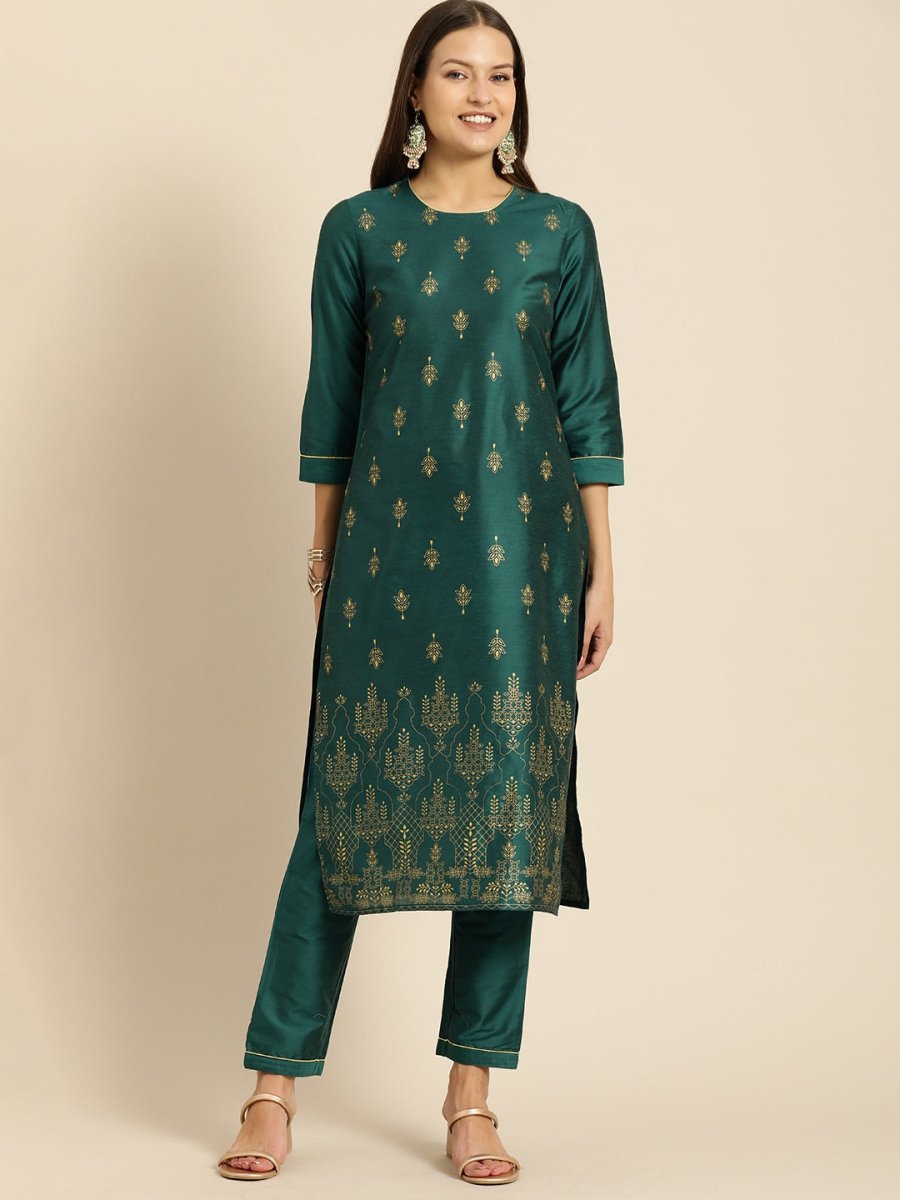 All About You Women Teal Green Ethnic Motifs Kurta with Trousers | Grocsy