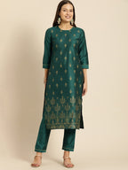 All About You Women Teal Green Ethnic Motifs Kurta with Trousers | Grocsy