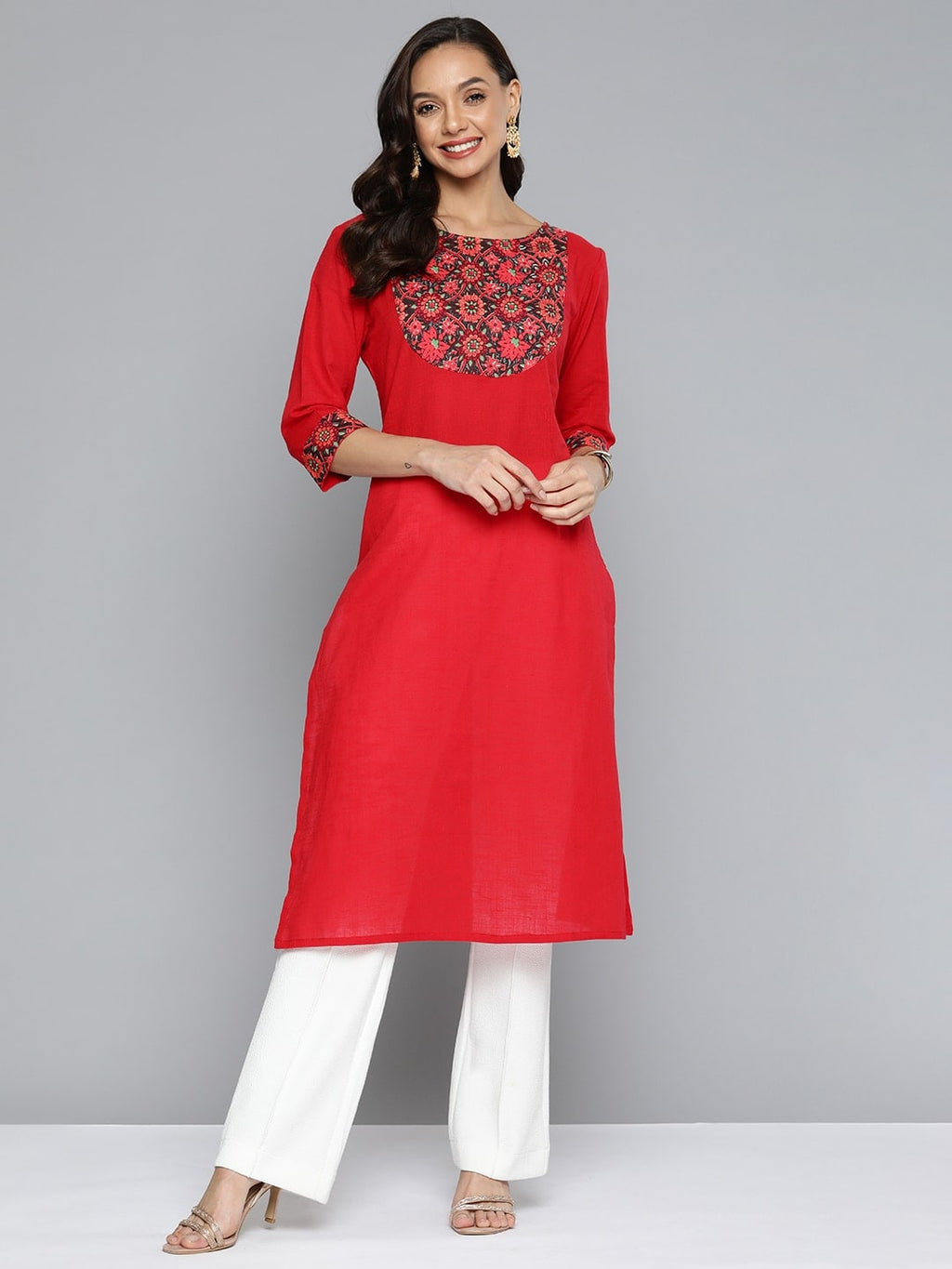 HERE&NOW Women Red & Black Yoke Design Pure Cotton Kurta | Grocsy