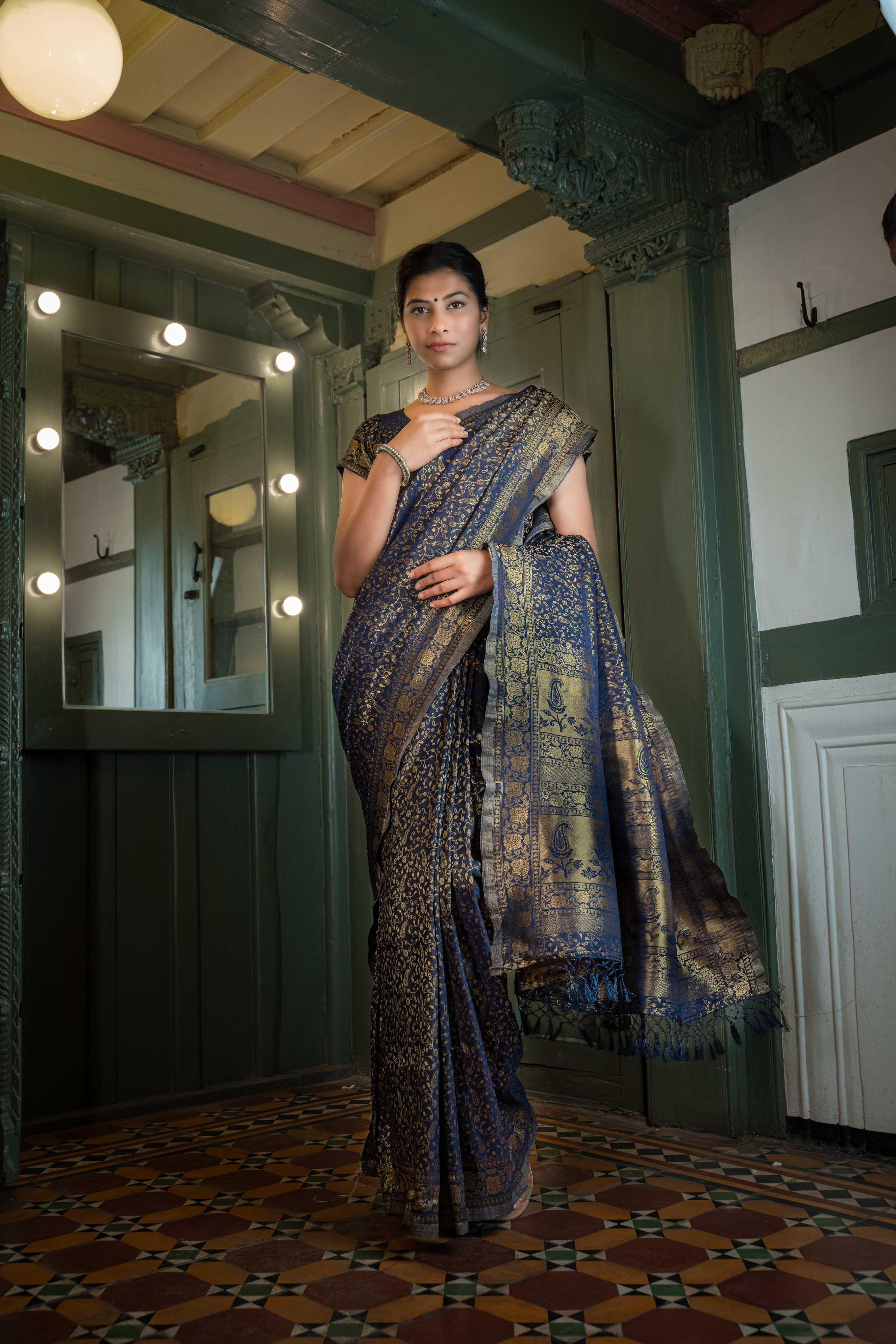 Vardha Midnight Blue Golden Zari Banarasi Satin Silk Saree | Grocsy