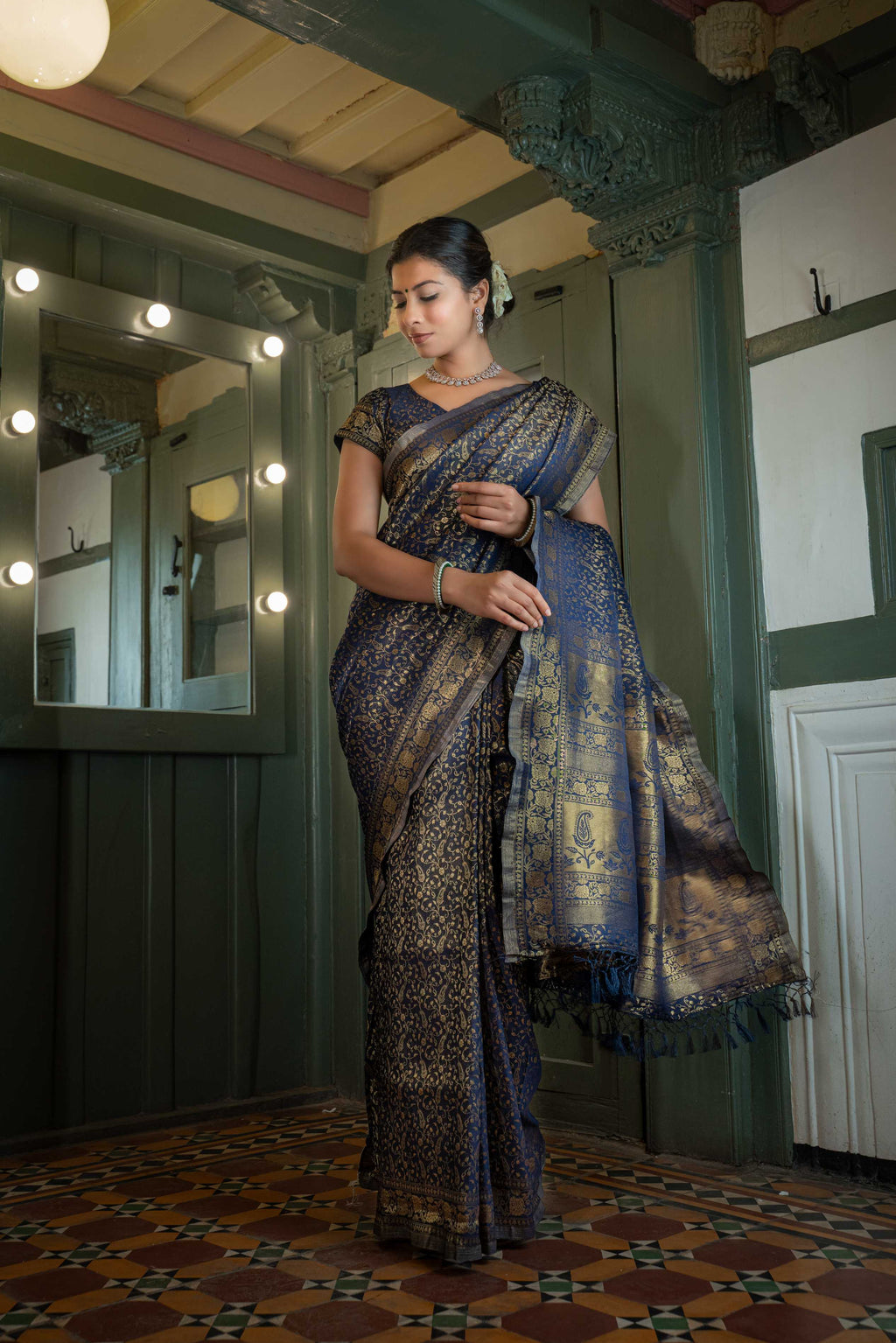 Vardha Midnight Blue Golden Zari Banarasi Satin Silk Saree | Grocsy