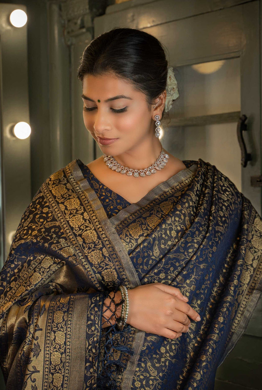 Vardha Midnight Blue Golden Zari Banarasi Satin Silk Saree | Grocsy