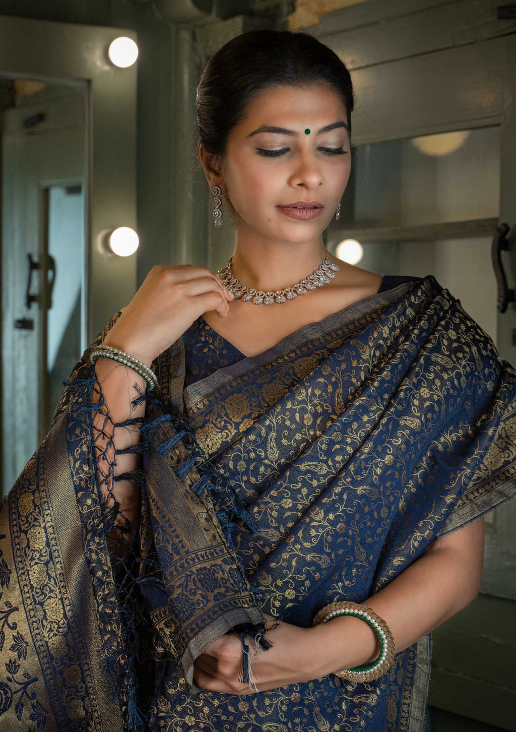 Vardha Midnight Blue Golden Zari Banarasi Satin Silk Saree | Grocsy
