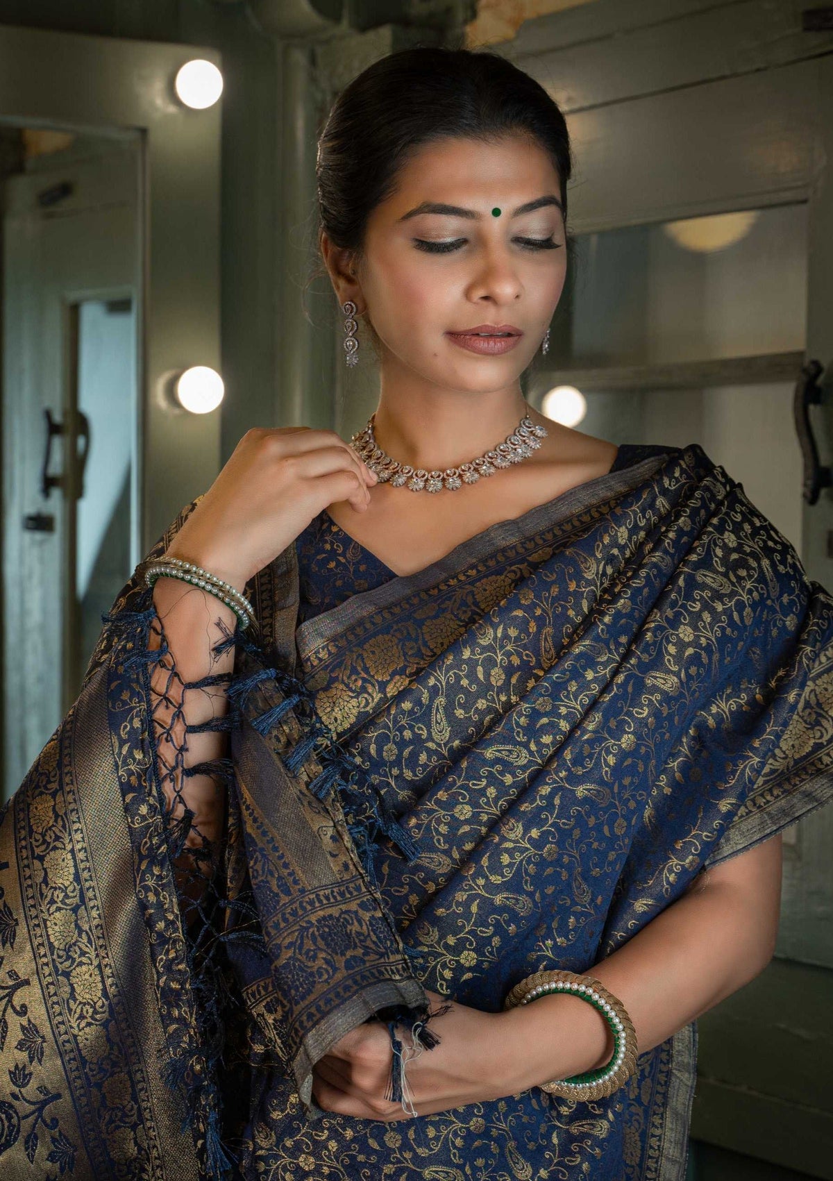 Vardha Midnight Blue Golden Zari Banarasi Satin Silk Saree | Grocsy