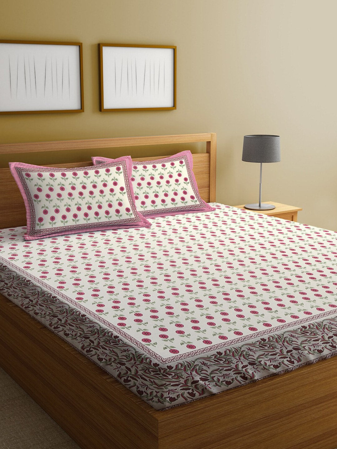 Rajasthan Decor White & Pink Ethnic Motifs 144 TC King Bedsheet with 2 Pillow Covers | Grocsy